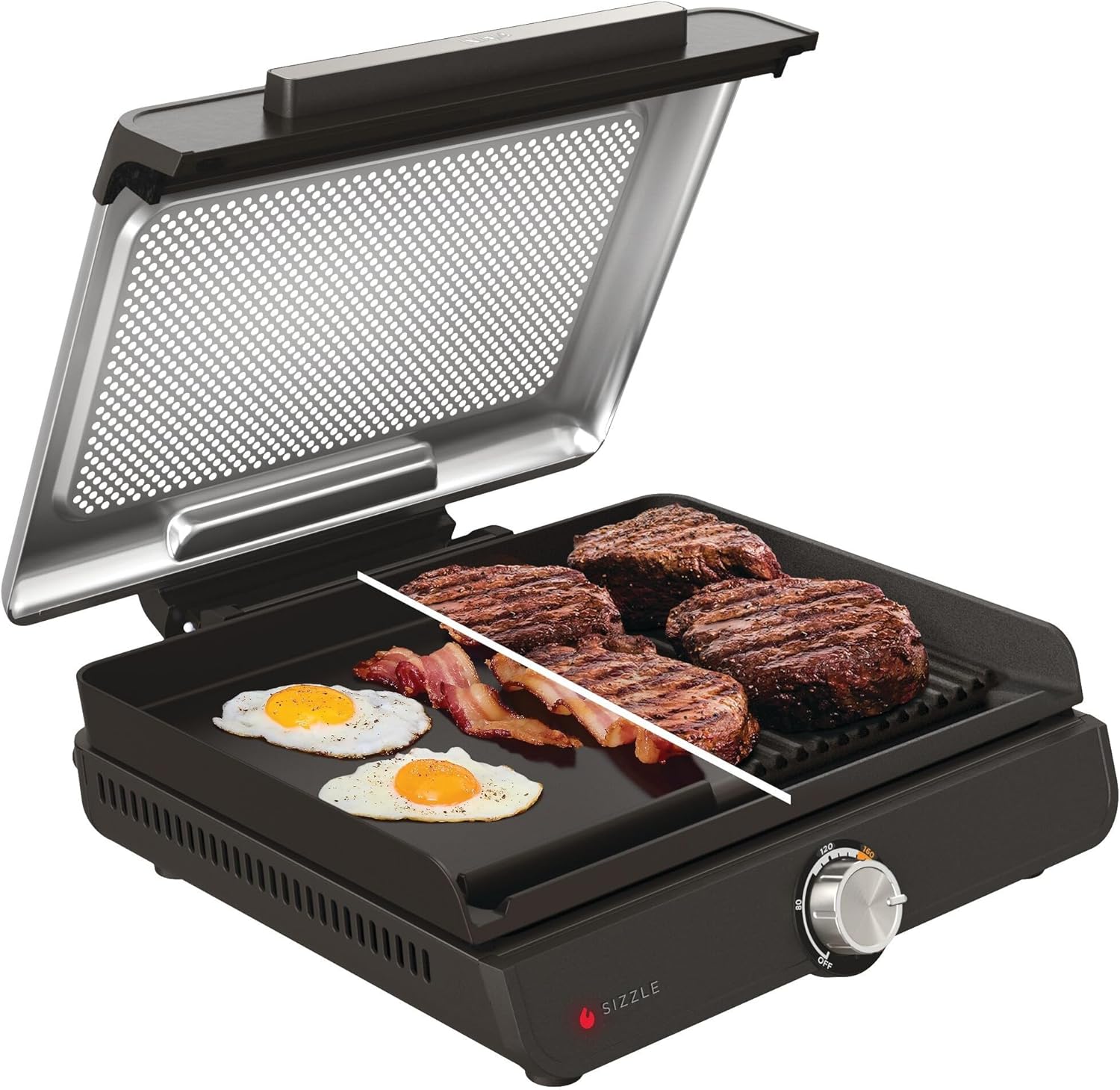 Ninja Sizzle Low Smoke Electric Indoor Grill & Flat Plate, 1460W, with Non-Stick Grill Plate & Flat Top Plate, Detachable Dishwasher Safe Lid, Grease Catch & Recipe Guide, Grey GR101UK