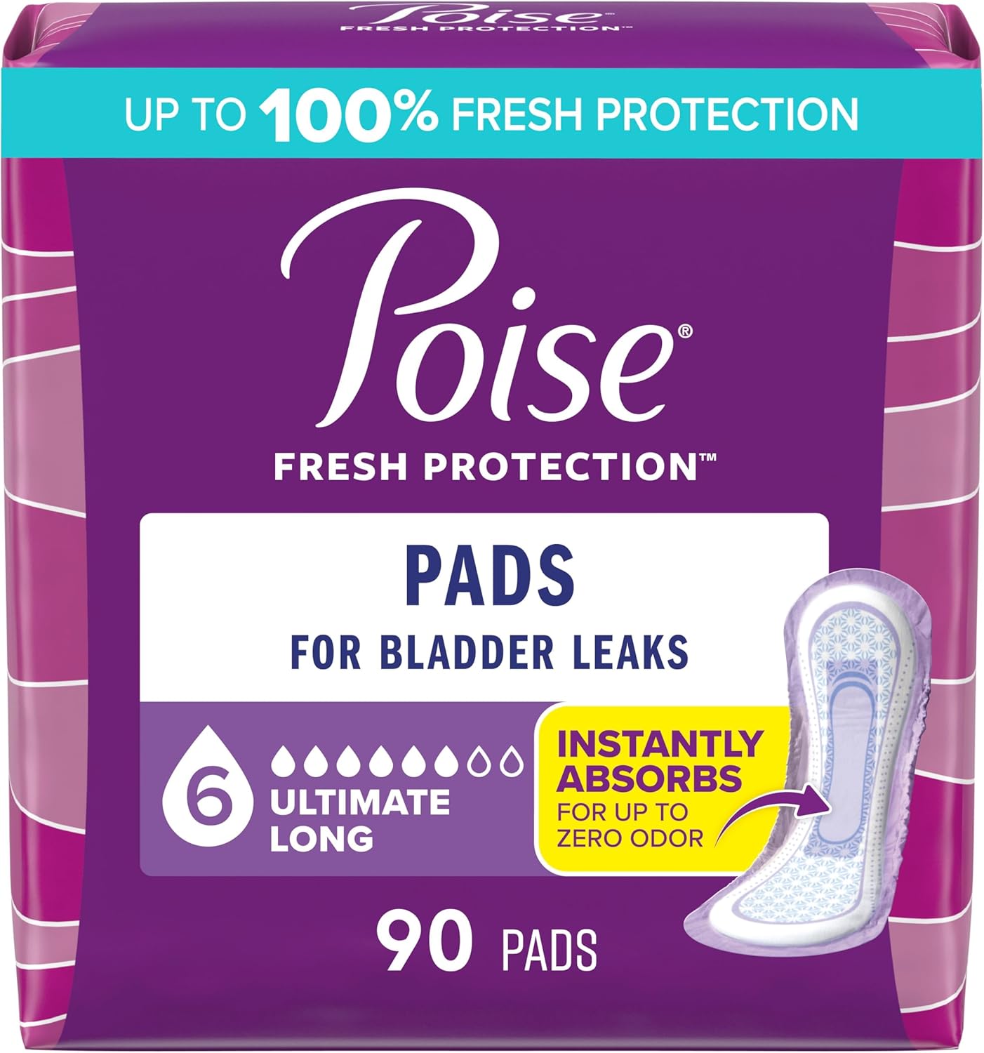 Poise Incontinence & Postpartum Pads for Bladder Leaks, 6 Drop Ultimate Absorbency, Long Length, 90 Count, Packaging May Vary