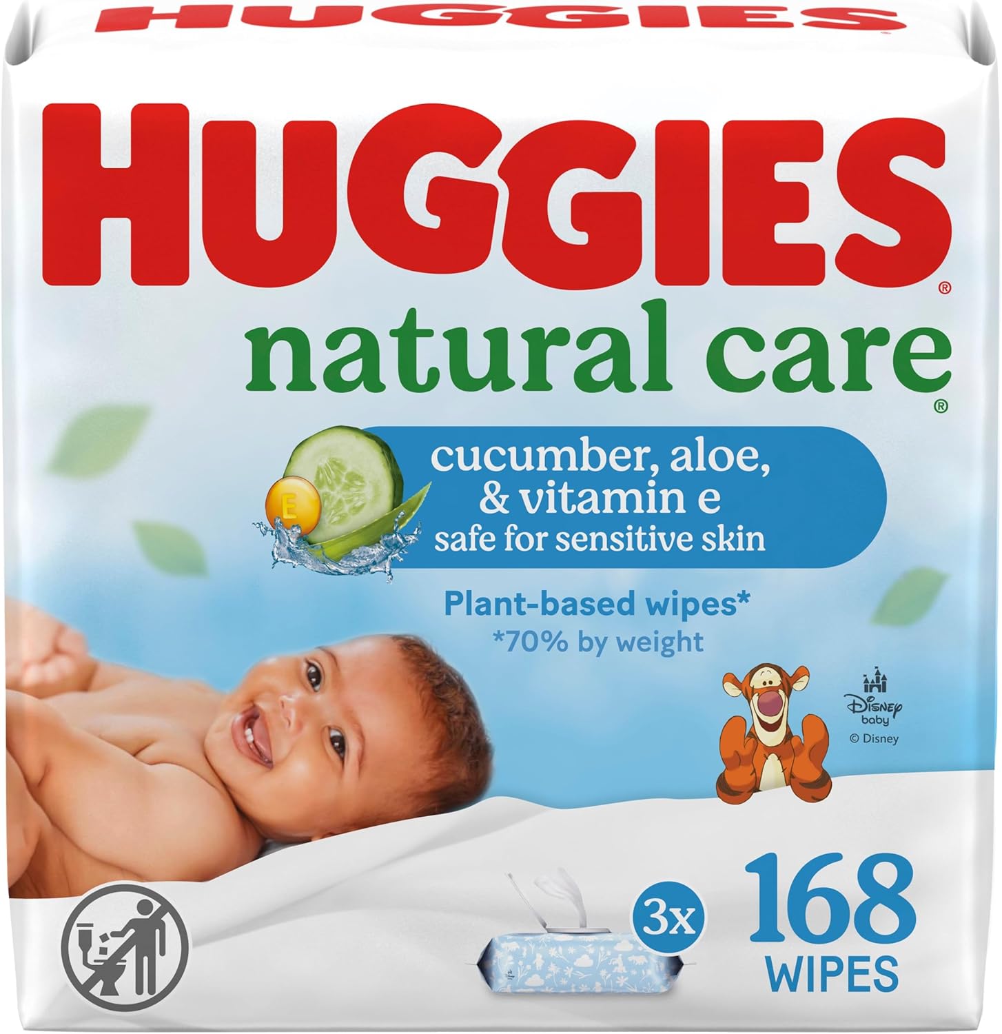 Huggies Natural Care Cucumber, Aloe and Vitamin E Baby Wipes, Hypoallergenic, Scented, 3 Flip-Top Packs (168 Wipes Total), Packaging May Vary