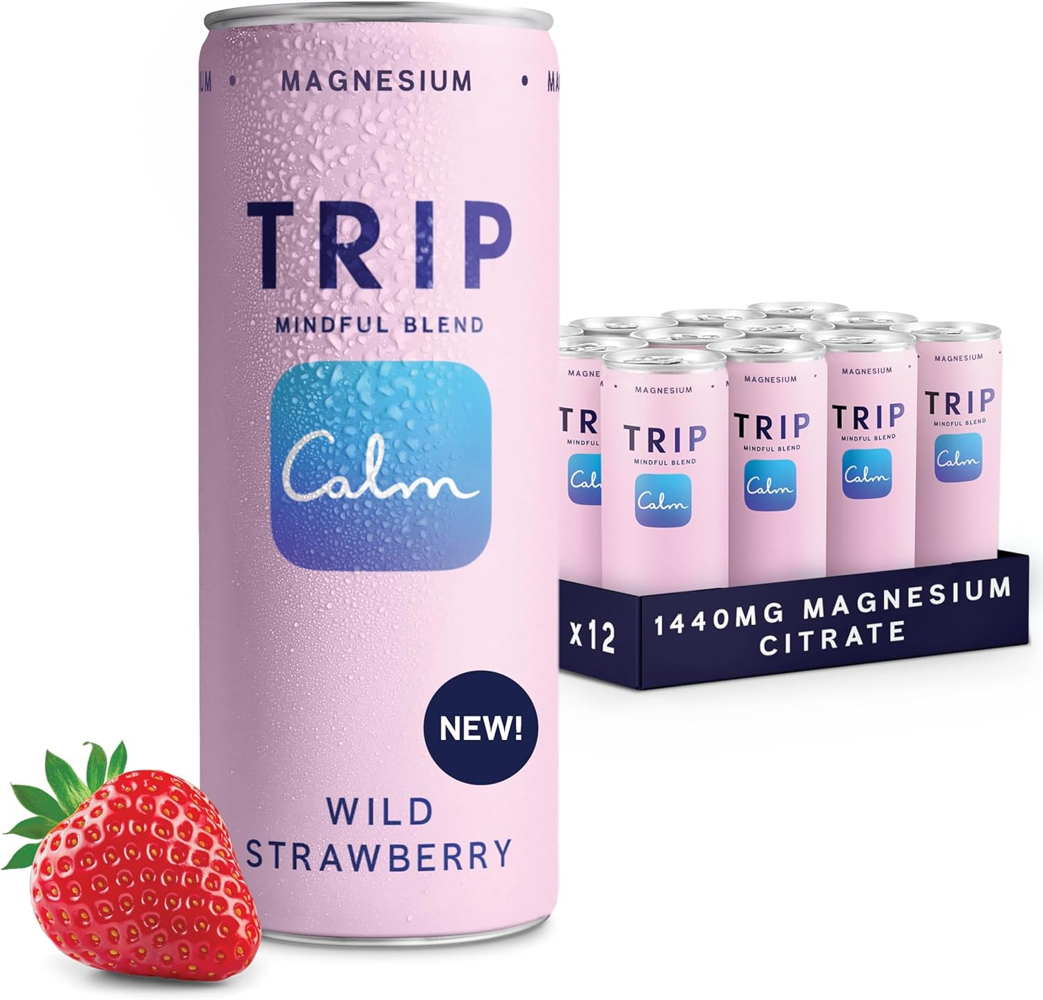 TRIP Wild Strawberry Sparkling Drink with 120MG calming Magnesium + Lion’s Mane + Chamomile + Lemon Balm. Low Calorie, No Added Sugar and Vegan (Pack of 12 x 250ml)