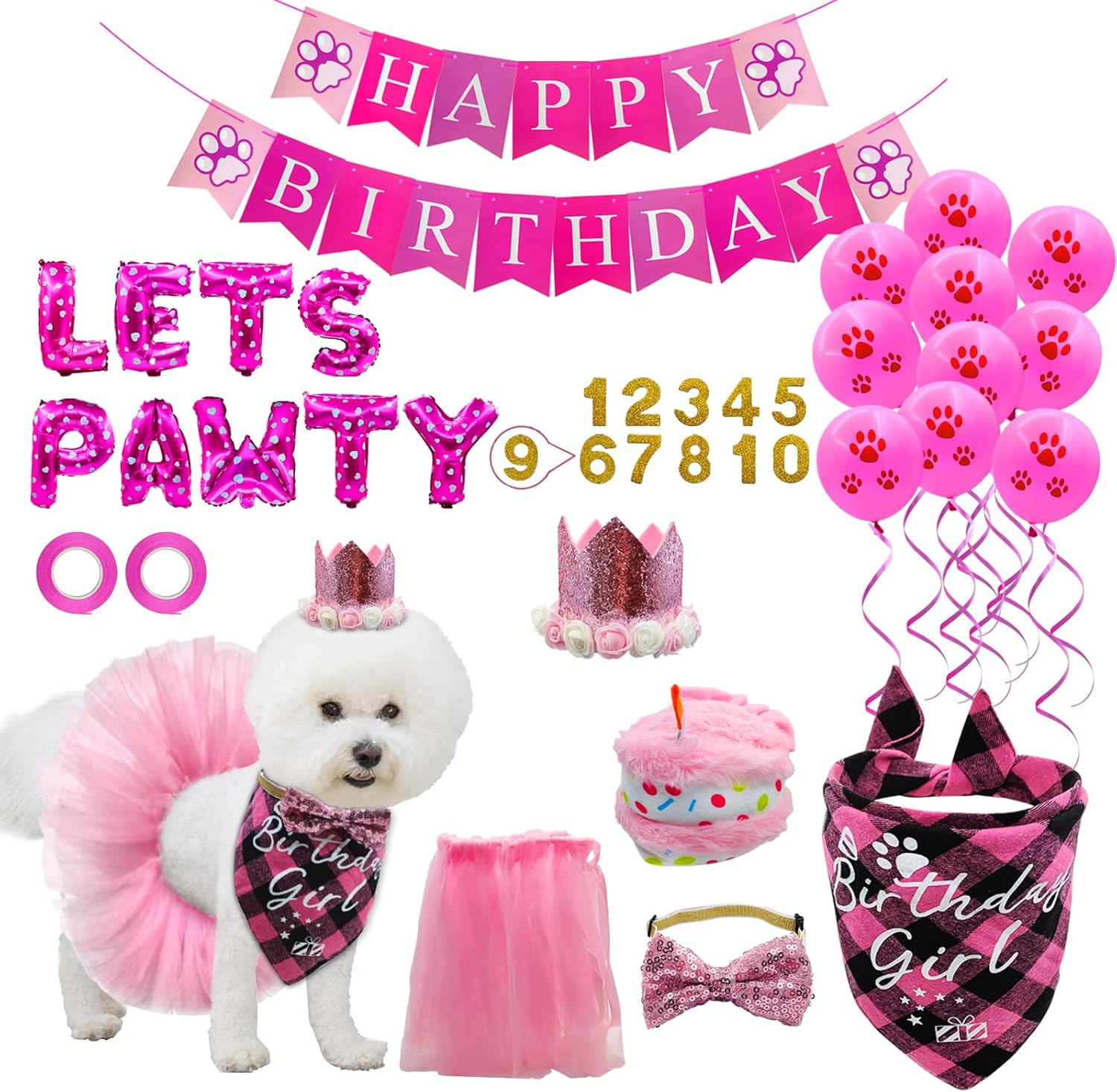 Dog Birthday Party Supplies, LMSHOWOWO Dog Birthday Bandana Set with Hat, Bow Tie, Sticky Number, Tutu Skirt Outfit, LETS PAWTY Balloon, Banner, Cake Toy for Girl Dogs Pet (Pink)