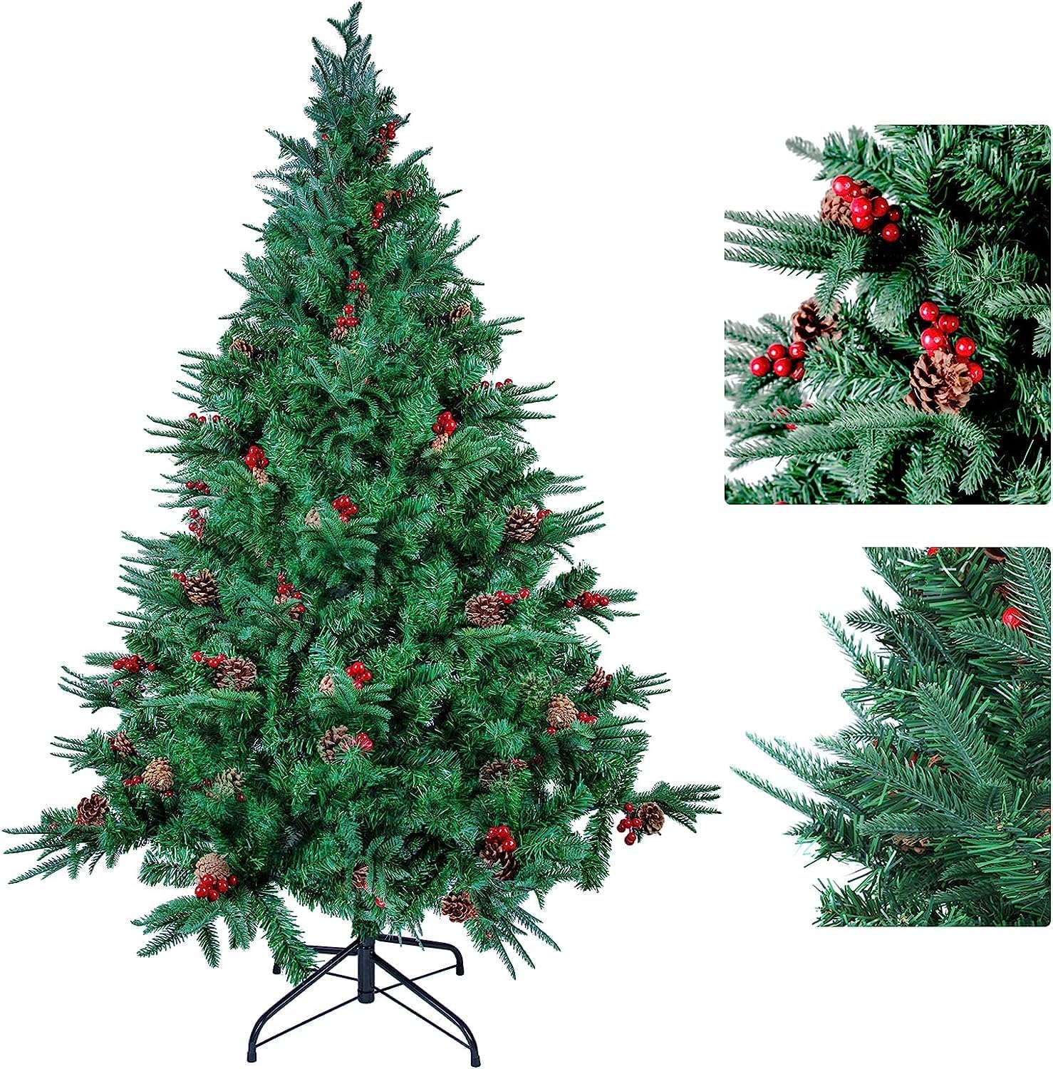 himaly 7FT/2.1M Christmas Tree with Pine Cones and Berries,PVC Artificial Christmas Tree with Metal Stand,Xmas Decoration Christmas Tree for Indoor Outdoor, Green