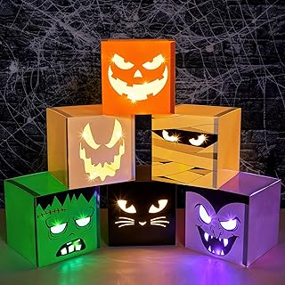 Zhanmai 6 Pcs Halloween Party Decoration 11.8 Inch Large Halloween Decorative Boxes with String Light Jack O Lanterns Blocks Halloween Luminous Box Halloween Lantern Box for Halloween Decor(Classic)