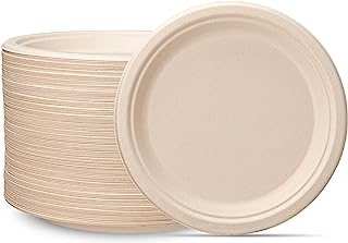 Comfy Package [9 Inch - 125 Pack Paper Plates, 100% Compostable Plates Heavy-Duty - Kraft Biodegradable Plates, Disposable Sugarcane Paper Plates - Brown Unbleached