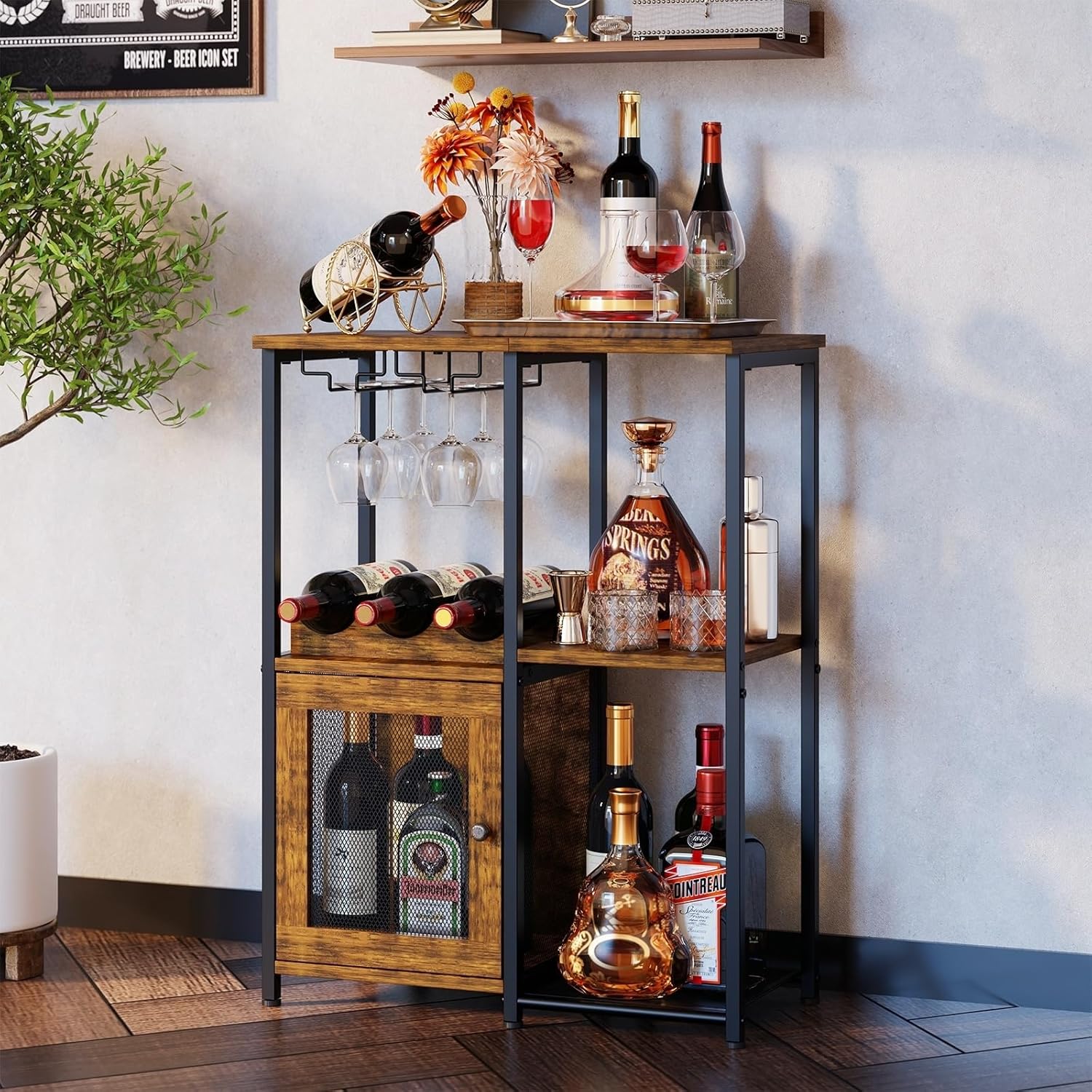 Bar Cabinet with Detachable Wine Rack, Liquor Shelf for Home Bar, Mini Bar Table with Glass Holder, Small Sideboard and Buffet with Mesh Door for Small Space, Rustic Brown
