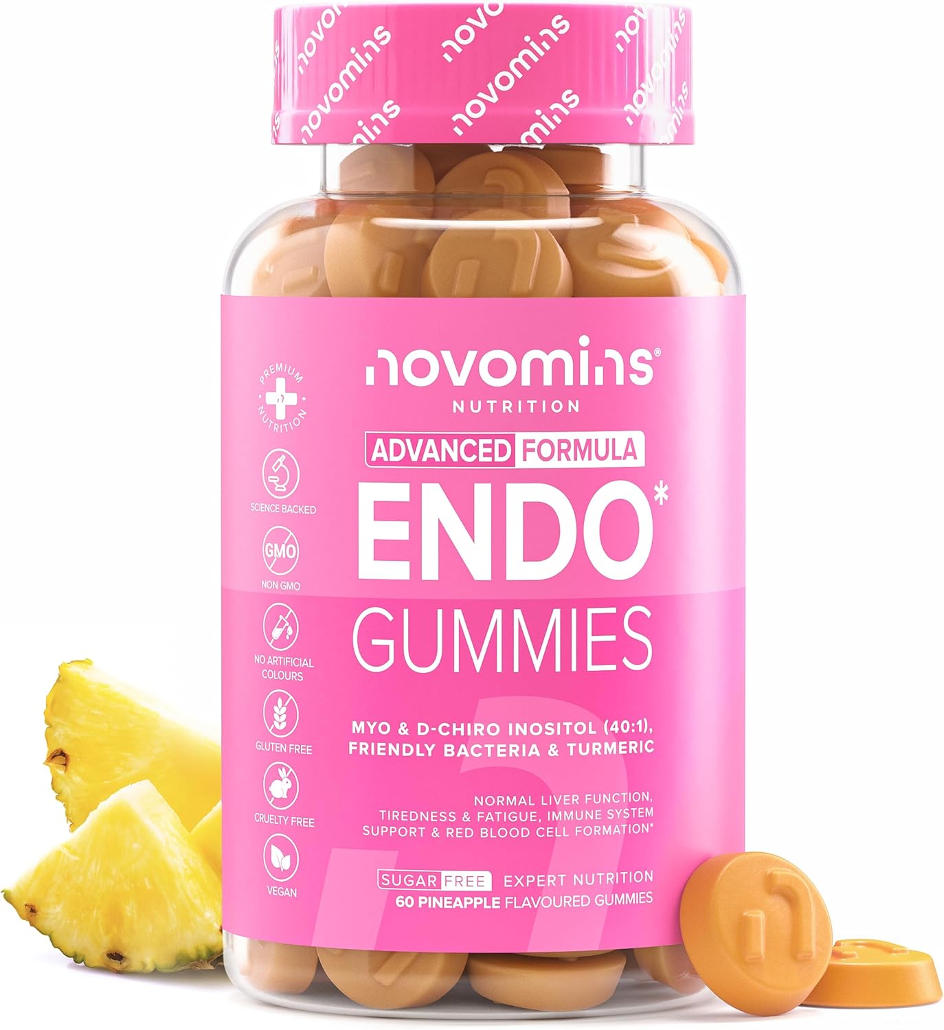 Endo Gummies - Myo-Inositol, Turmeric, Vitamin B6 & Probiotics for Gut Health - Intimate Health & Hormone Balance for Women - 60 Feminine Balance Gummies - Gluten Free - 1-Month Supply - Novomins