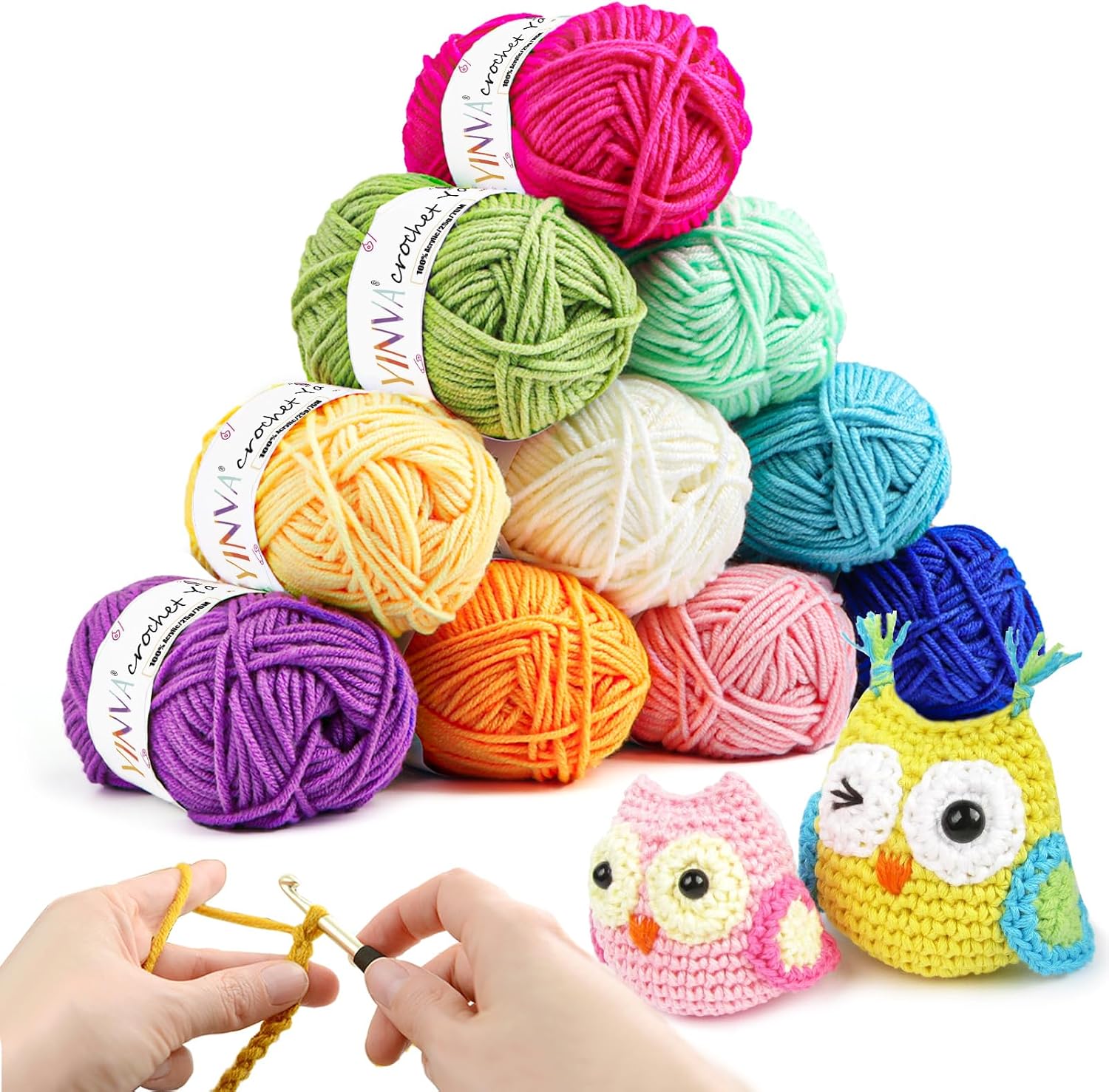 YINVA Crochet Yarn Set Acrylic Yarn Knitting Wool 10 Colors x 25g Each for Beginners Adults Multi-Color