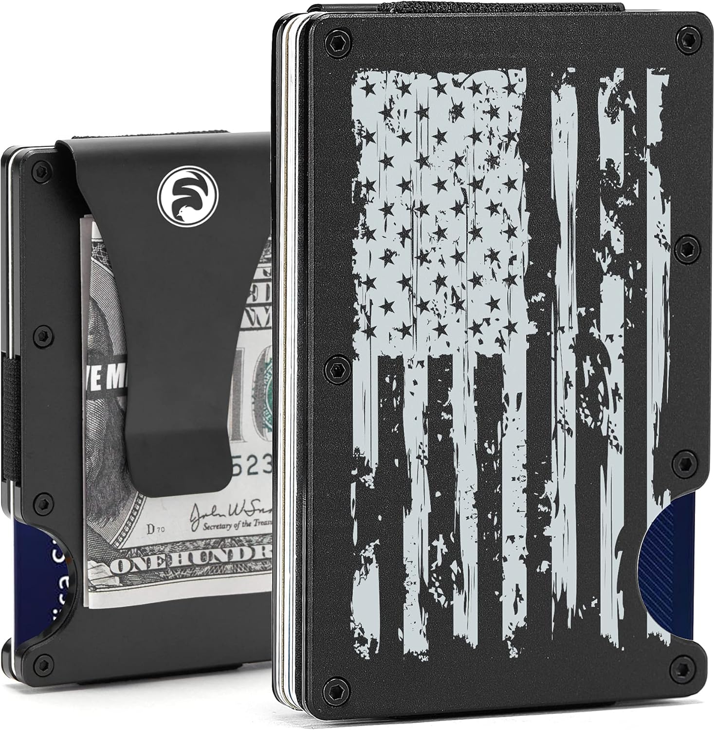 Minimalist Wallets for Men - Slim Metal Front Pocket Money Clip - Aluminum Credit Card Holder - RFID Blocking Wallet for Travel Business - Engraved American Flag
