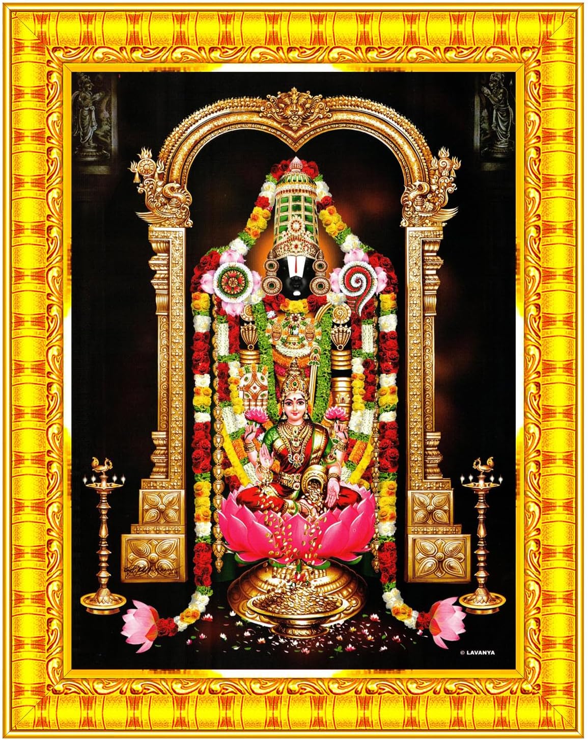 Pavan Photo Laminations Tirupati Balaji Lakshmi Venkateshwara Swamy Wall Painting Framed Home Decor (Wood,Matte,Gold,Big Size,10 x 12 Inch) R461M