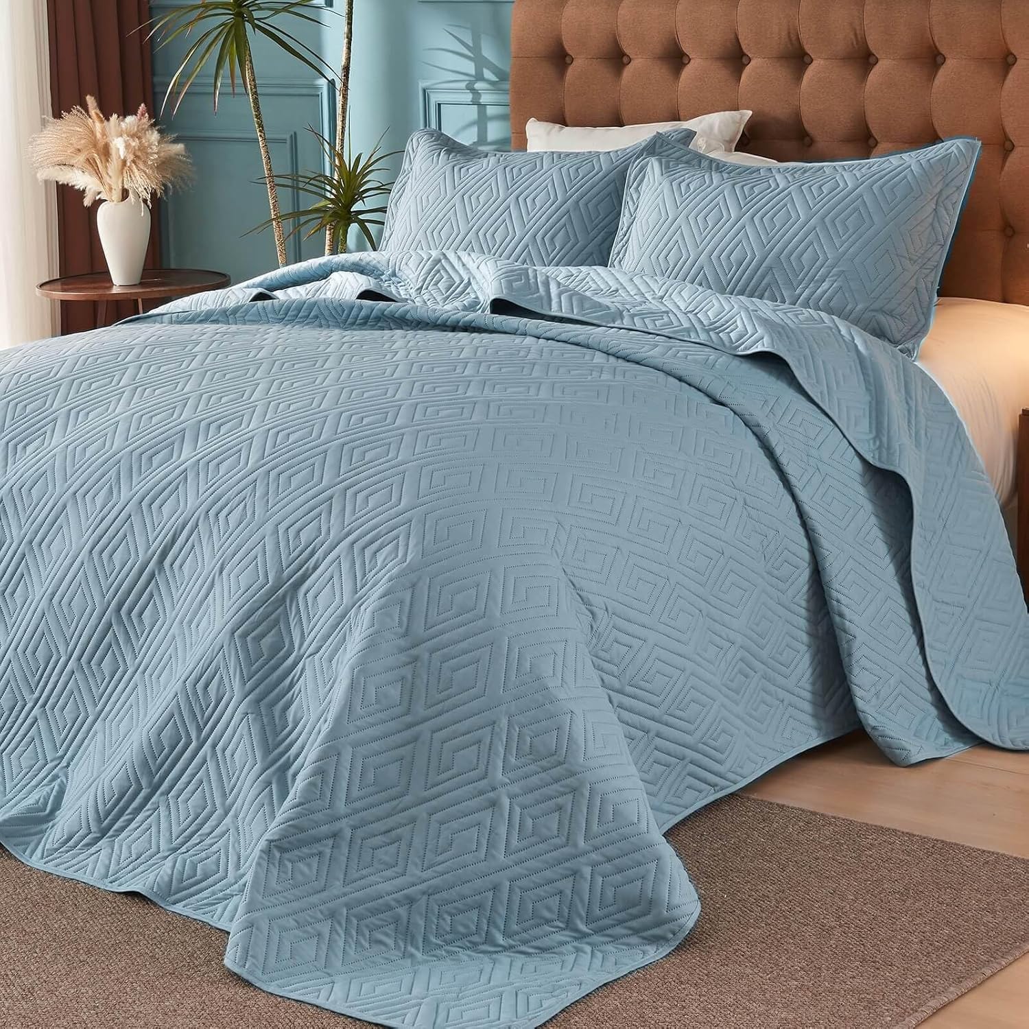 Oversized King Bedspreads 128x120 for Split Adjustable Bed or Extra Large/Tall Cal King or King Bed Lightweight Quilted Coverlet Sets 1 Quilt 2 Pillow Shams Blue