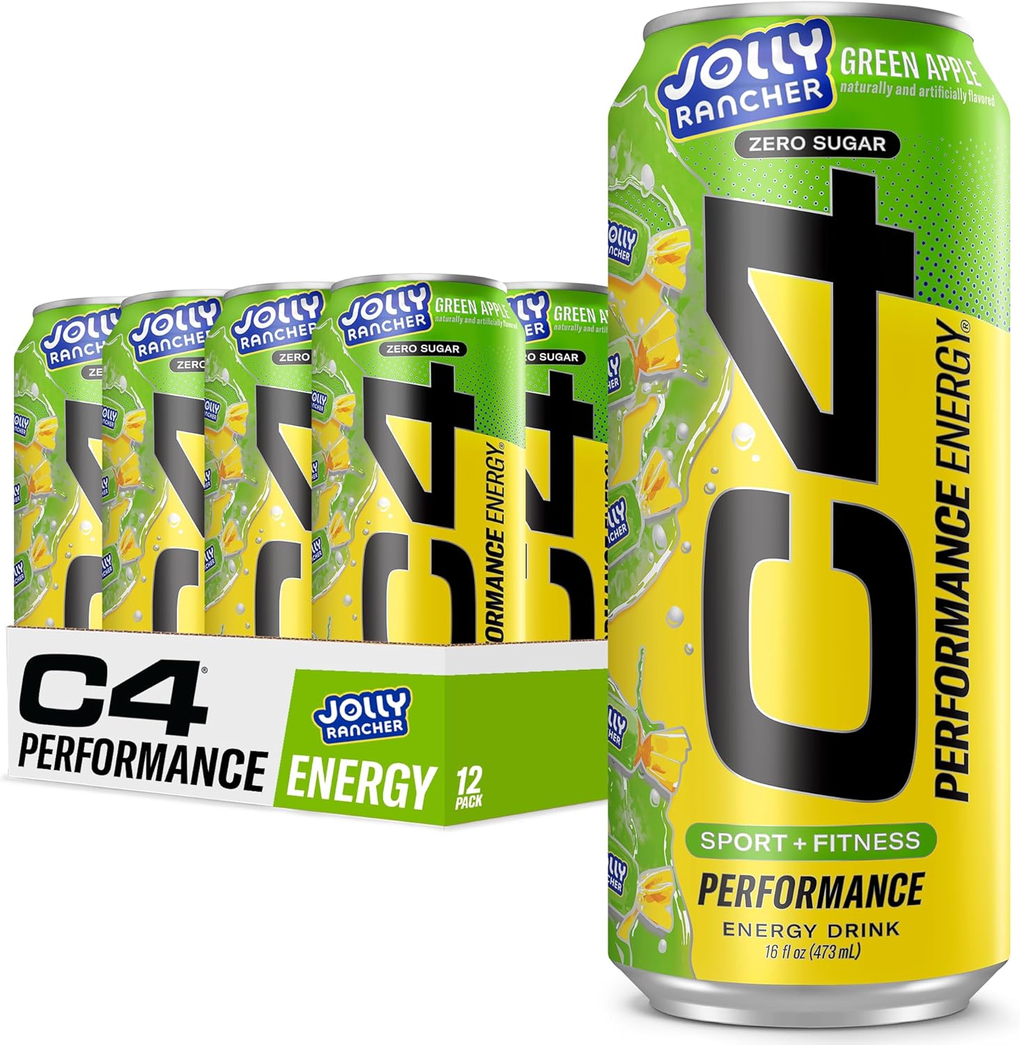 C4 Performance Energy Drink, Jolly Rancher Green Apple, Zero Sugar Carbonated Preworkout Energy, 200mg Caffeine with Beta Alanine, 16 Fl Oz (12 Pack)