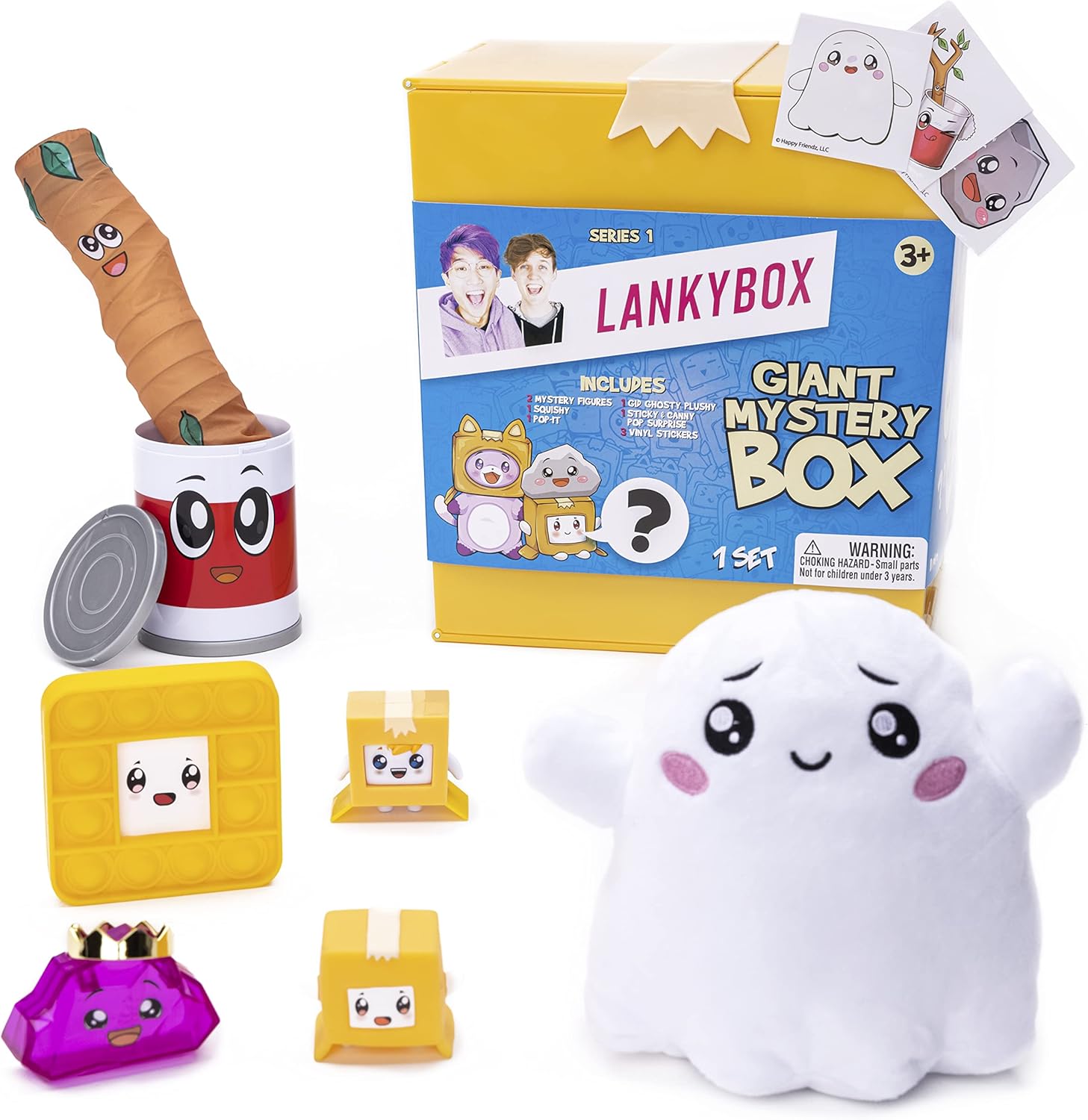 LankyBox Giant Mystery Box: Wearable Boxy case, 2 Figures, one 6” Glow-in-The-Dark Plush, a Squishy , pop-it Fidget Toy, Canny with pop-Out Sticky, and 3 Stickers