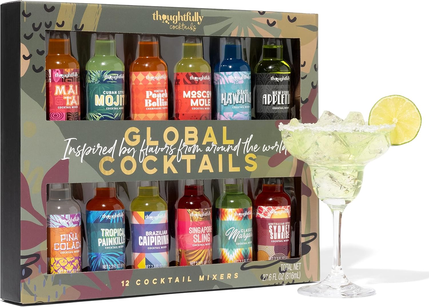 Thoughtfully Cocktails, Global Cocktail Mixers, 2.3 Fluid Ounces Each, Mixes of Classic Margarita, Cuban Style Mojito, New York Appletini, Pina Colada, Blue Hawaiian, Set of 12(Contains NO Alcohol)