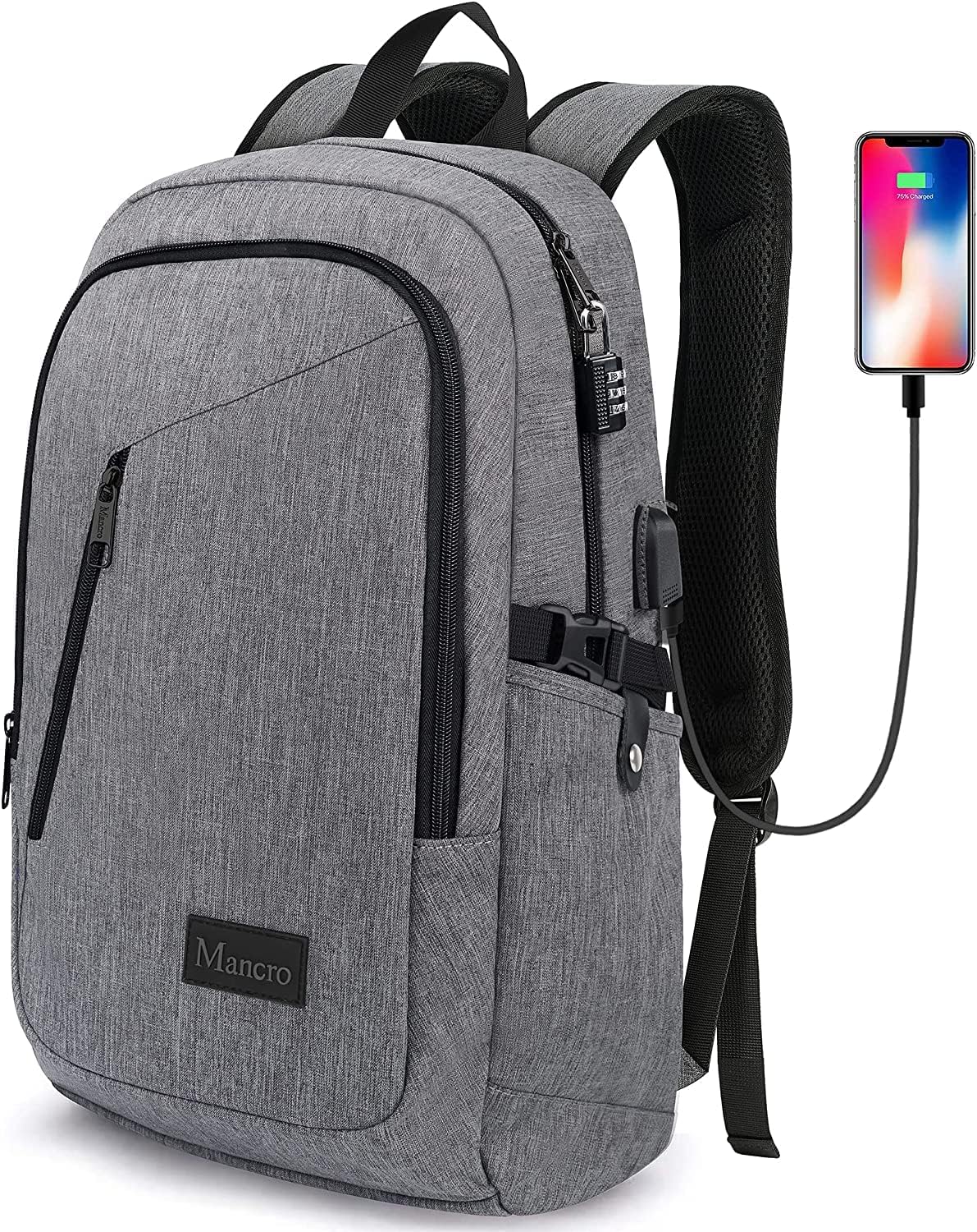Mancro Laptop Backpack for Travel, Anti-theft Laptop Backpack for Men Business Backpack Work Daypack with USB Charging Port & Lock, Water Resistant Travel Computer Bag Daypack, Grey