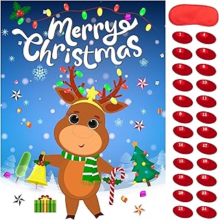 Pin The Nose On The Reindeer Christmas Party Games for Kids Xmas Activities Holiday Party Game with 24PCS Nose Stickers Pin The Tail Christmas Party Favors Supplies for Adults