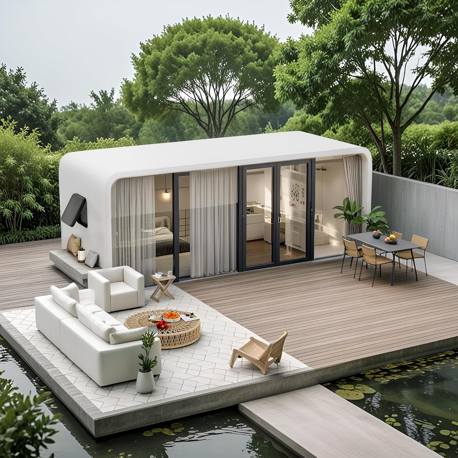 Luxury modern prefab cabin - 19ft mobile capsule with bedroom, kitchen and bathroom, storm resistant prefab cabin -15 typhoon and 10 earthquake proof mobile cabin for travel and outdoor living
