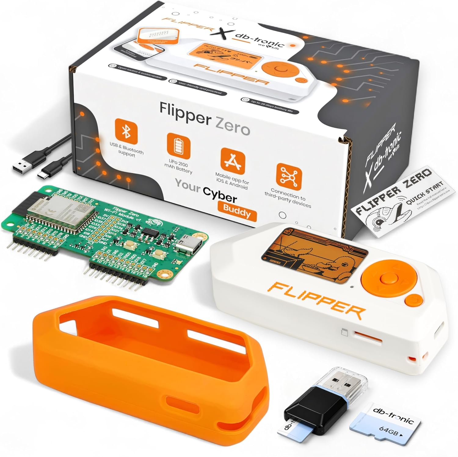 Flipper Zero Starter Full Set | Flipper Zero | WiFi Board | Silicone Case | 64GB Memory Card | USB Card Reader