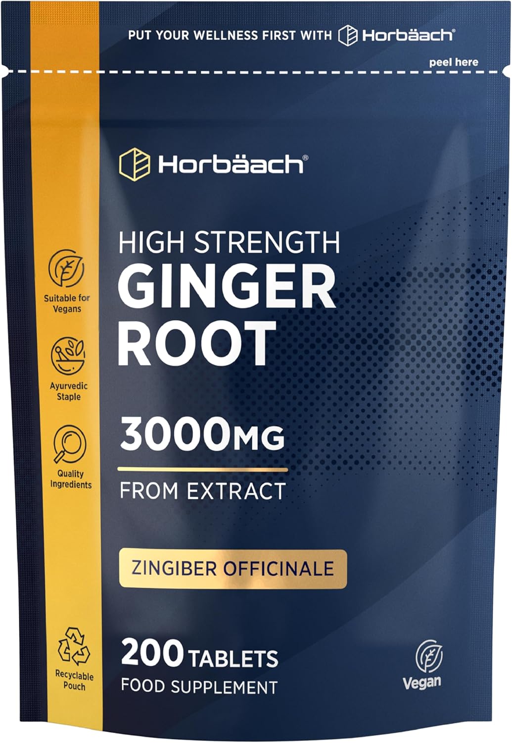 Ginger Root Tablets 3000mg | High Strength Ginger Root Extract | Zingiber Officinale | 200 Tablets - Vegetarian & Vegan | by Horbaach