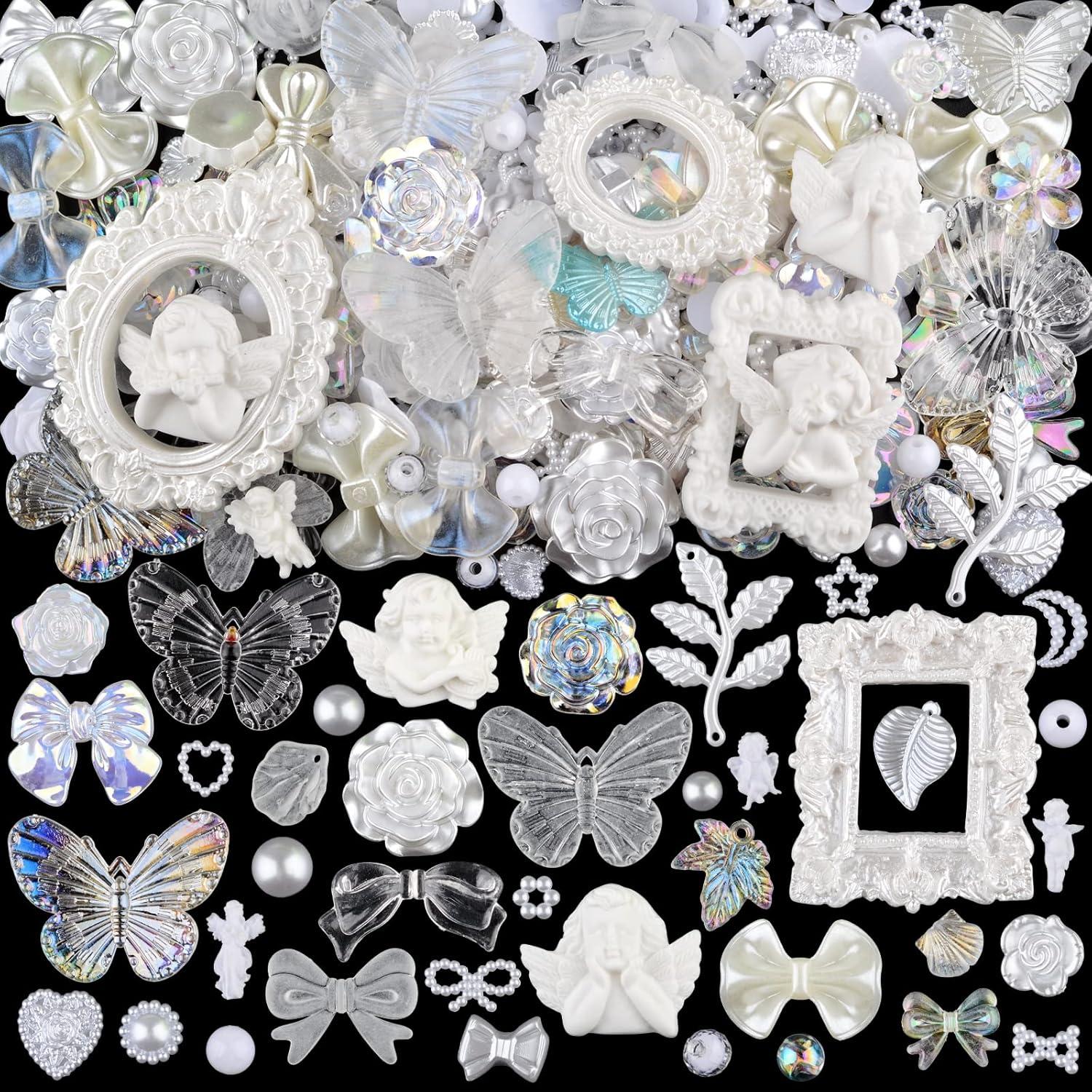 350 Pieces 3D Resin Rose Flower Bows Butterfly Embellishments Angel Charms Picture Frame with Flatback Pearl Beads for Craft DIY Making Supplies (White)