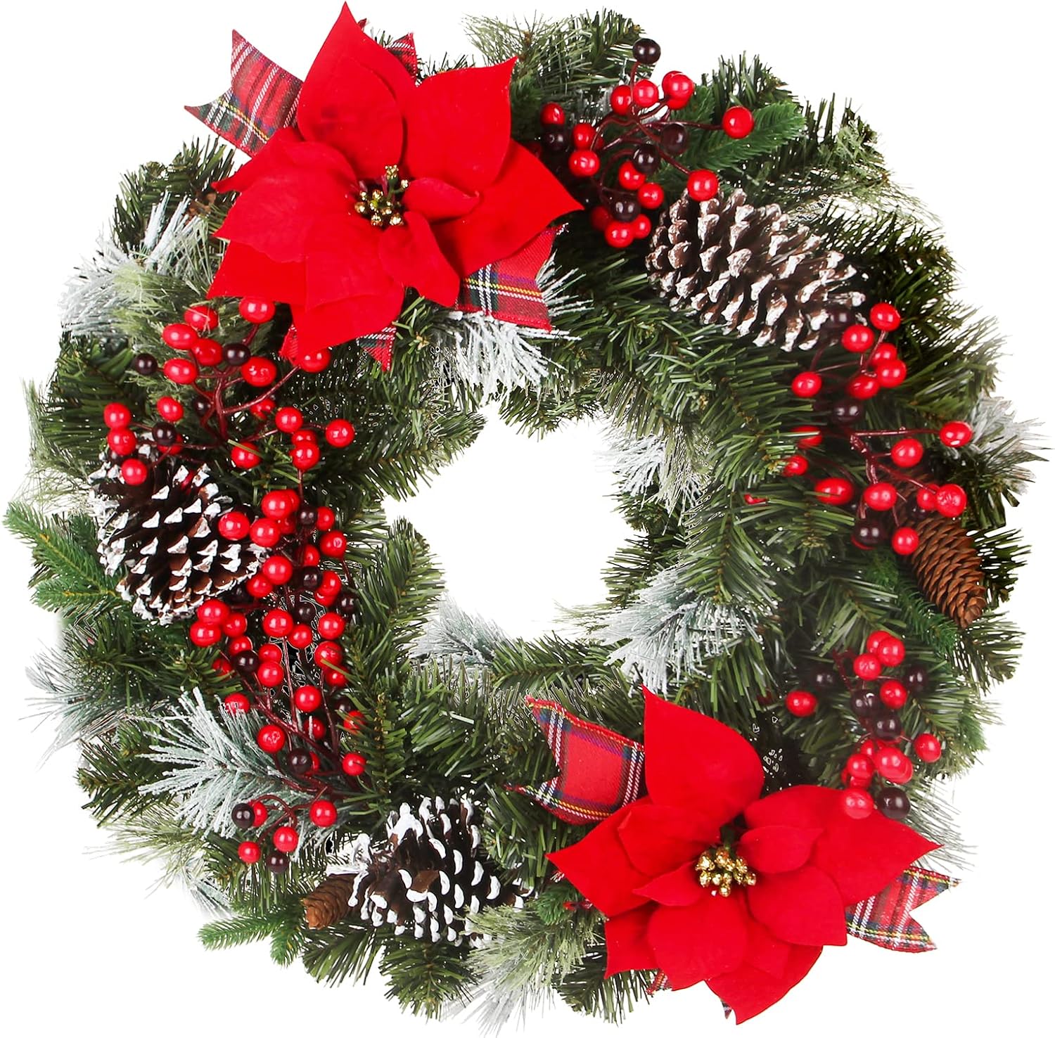 24 Inch Christmas Wreath Green Leaves Wreath for Front Door Artificial Eucalyptus Wreath with Berry and Pine Branches Christmas Decorations Indoor and Outdoor Holiday Decorations