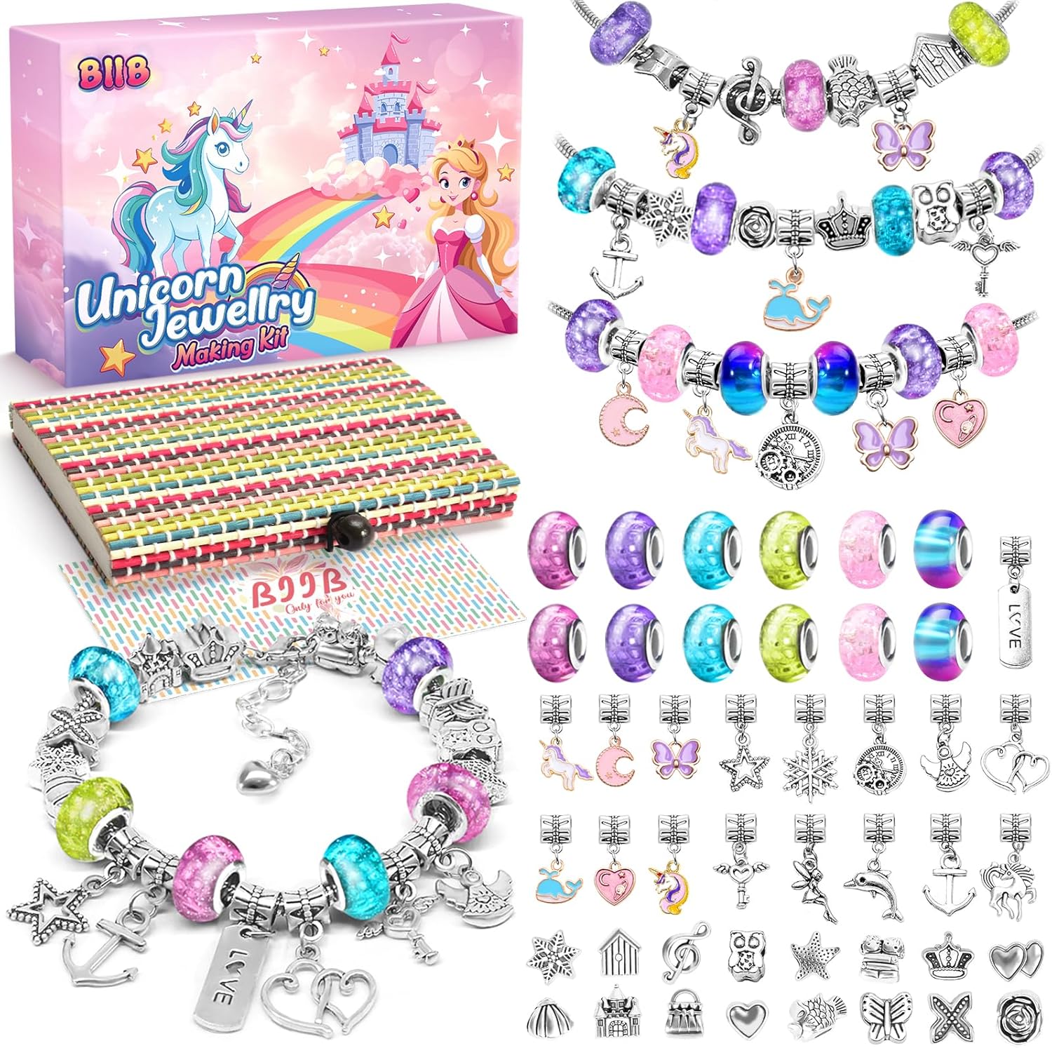 BIIB Bracelet Making Kit, Girls Birthday Presents 5-12 Year Old, Unicorn Gifts for Girls, Gifts for 5 6 7 8 9 10 11 12 Year Old Girls, Arts and Crafts for Kids, Girls Charm Jewellery Making Kit