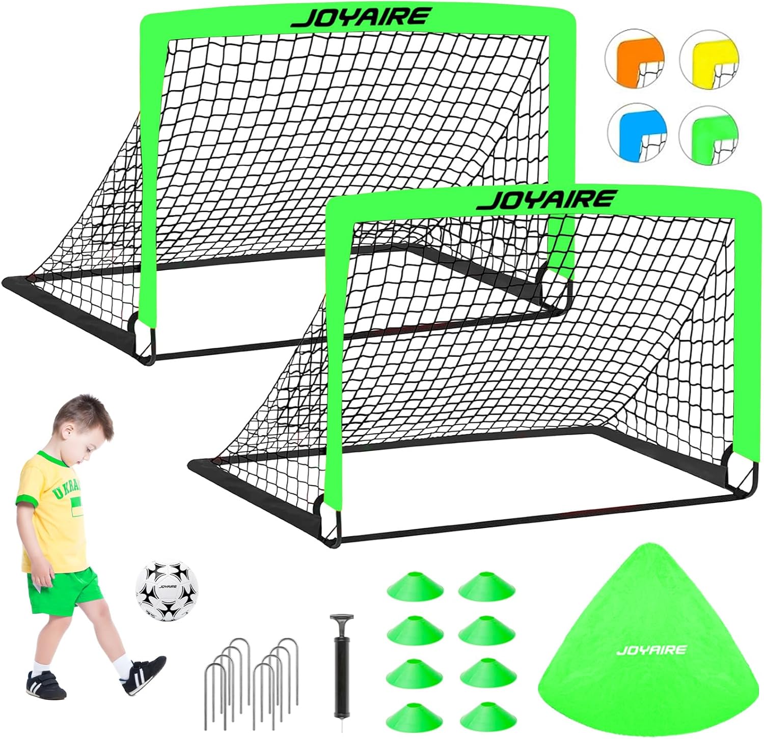 Kids Soccer Goals for Backyard Set, Portable Toddler Soccer Goal 2 of 4x3 ft, 6x4 ft, 7x5 ft, Soccer Training Equipment, Pop Up Soccer Net Kit with Size 4 Soccer Ball, Youth Games, Outdoor Sports Play