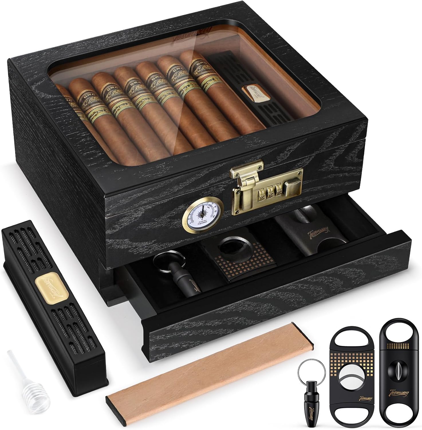 Tesonway Cigar Humidor, Cedar Wood Humidor Cigar Box, Glass Top Desktop Humidor with Front Hygrometer, Humidifier, Divider, Accessories Drawer and Combination Lock, Cigar Gifts for Men (Black)