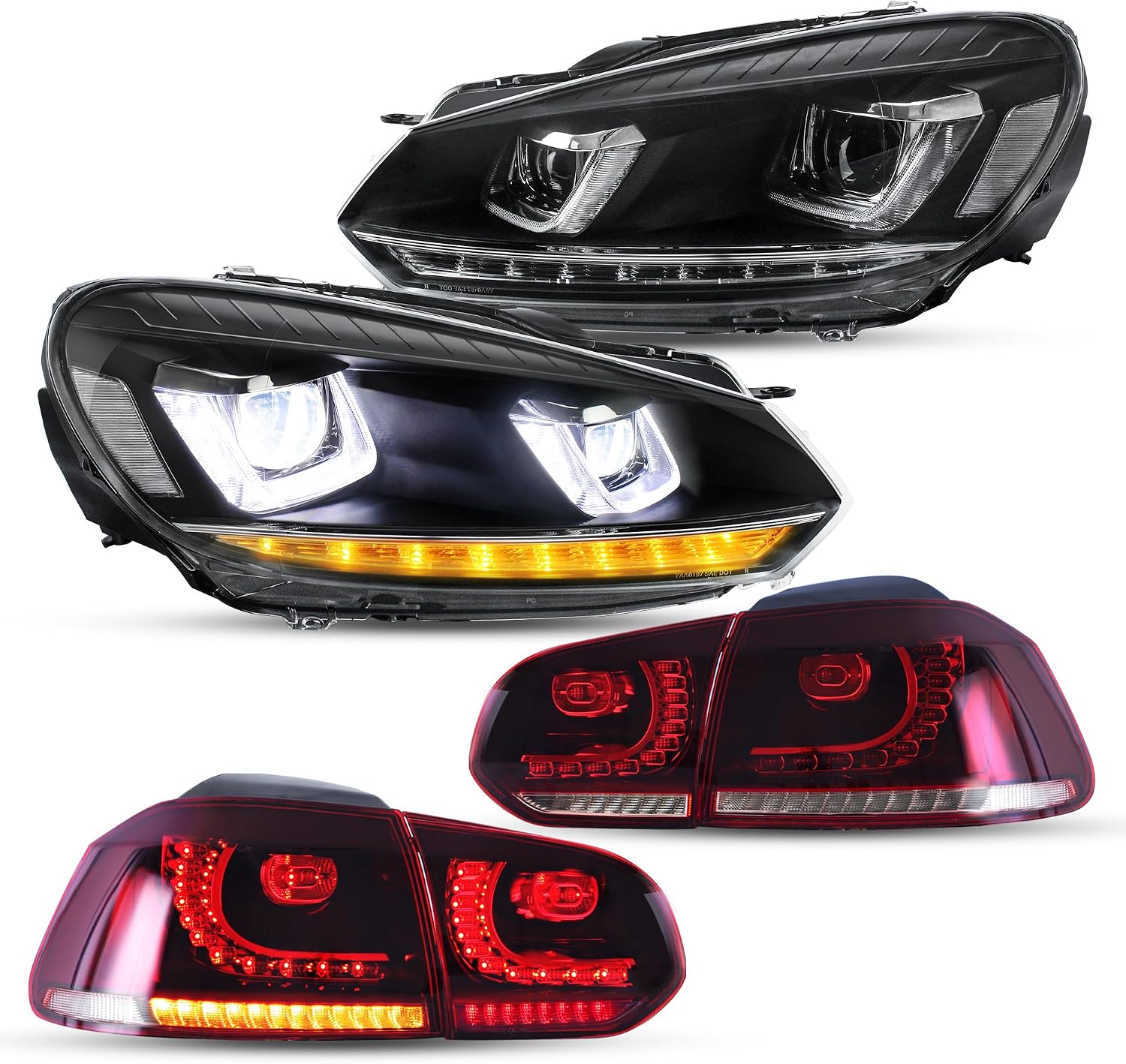 VLAND Tail Lights Headlights Assembly Halogen Head Light Mode Compatible with VW Golf 6 MK6 2010-2013 Red Clear Lens