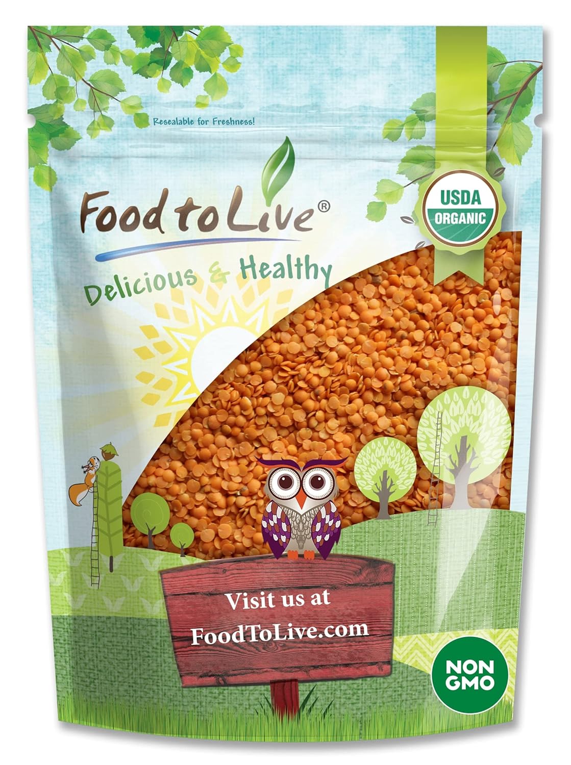 Food to Live Organic Red Split Lentils, 5 Pounds — Non-GMO, Masoor Dal, Dried, Vegan, Kosher, Bulk. No Soaking Required. Source of Dietary Fiber, Vitamin B, Protein. For Soups, Dahl, Spicy Curries.