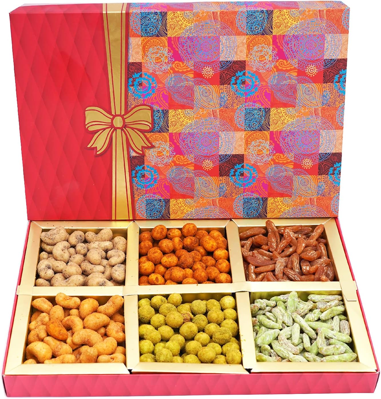 Ghasitaram Gifts Diwali Gifts Fruit n Nut 6 Parti Box of Crunchy Cashews,Crunchy Peanuts and Flavoured Raisins 300 GMS