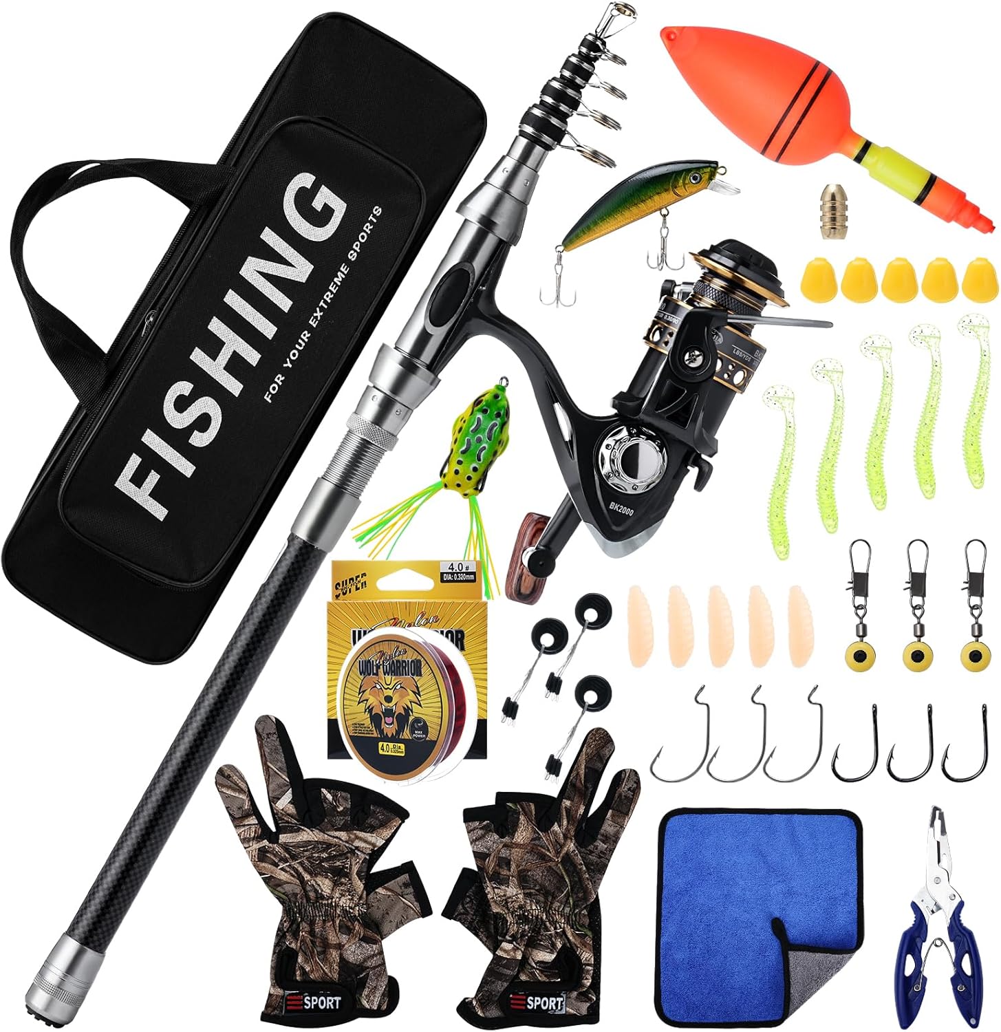 Geegear Telescopic Fishing Rod and Reel Combo Set, 2.1m Metal Fishing Pole Kit with Line, Lures, Carrier Bag, Spinning Rod Reel Combo