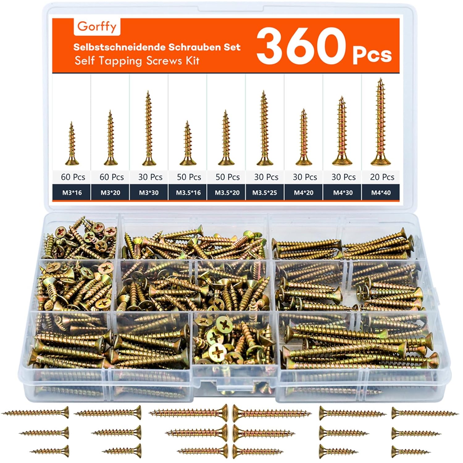 Gorffy Wood Screws, 360 PCS Color Zinc Countersunk Self Tapping Screws Assortment for DIY, Furniture & Repairs, Black