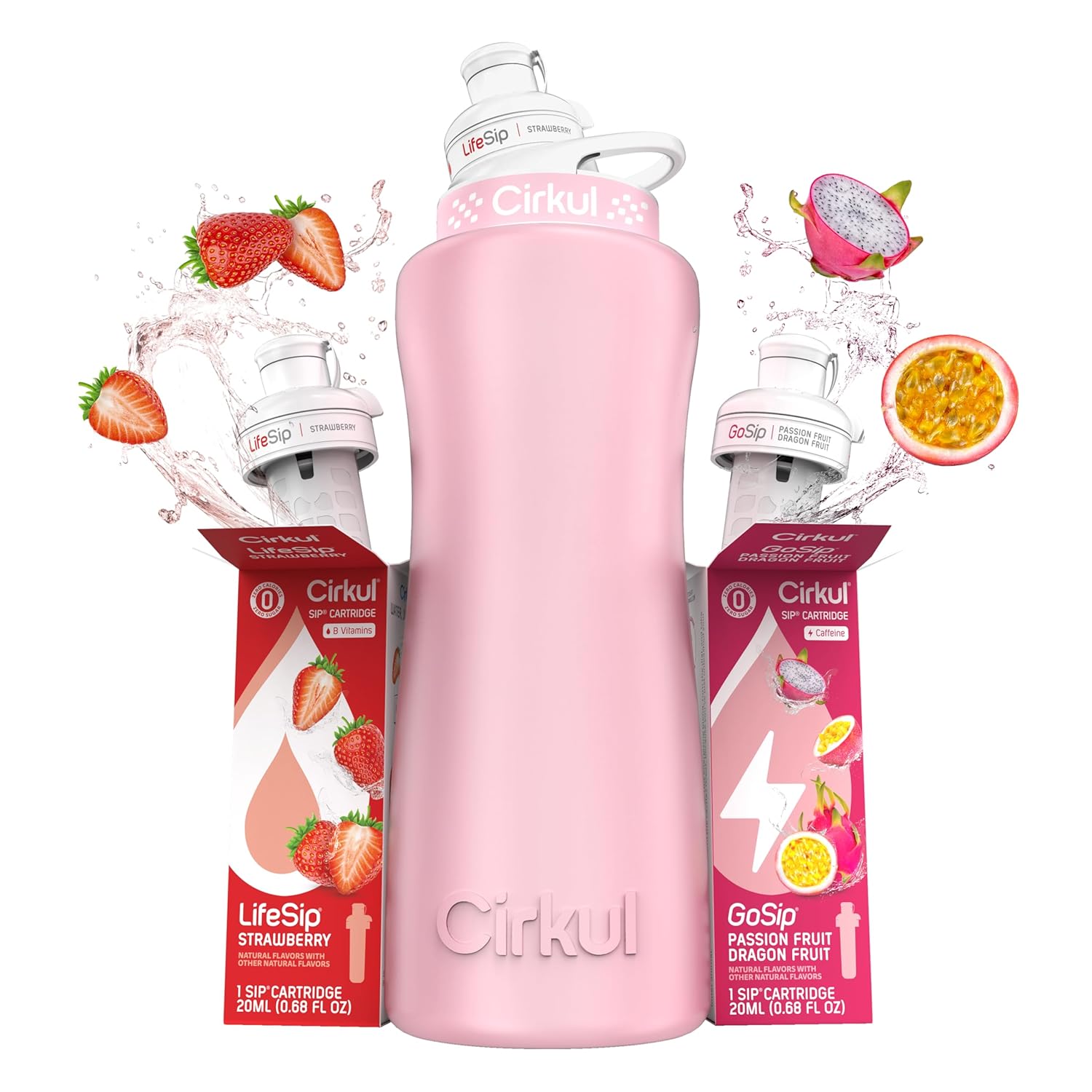 Cirkul 32oz. Blush Pink Stainless Steel Water Bottle Starter Kit with Pink Lid and 2 Flavor Cartridges (1 LifeSip Strawberry, 1 GoSip Passion Fruit Dragon Fruit) No Sugar, Zero Calorie Drink Mix