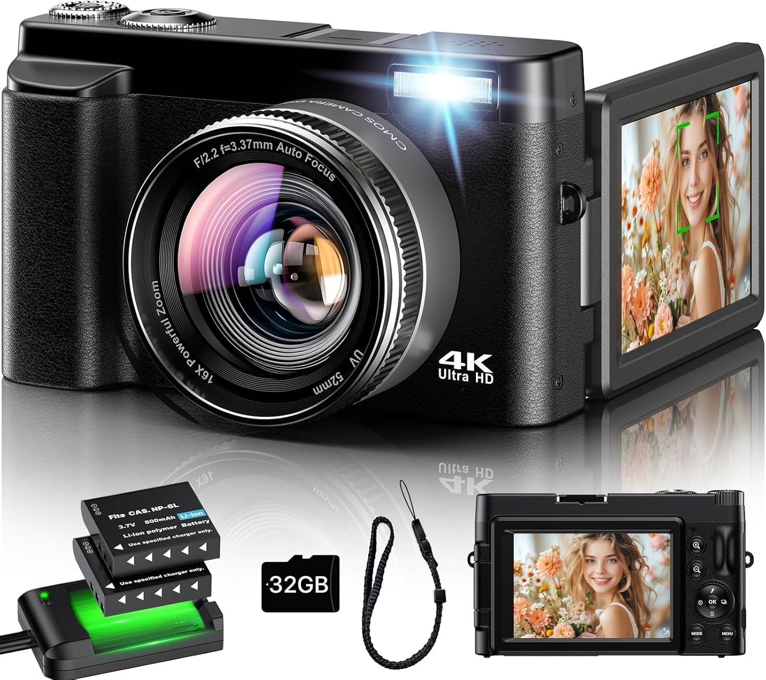 Digital Camera 4K, 48MP 16X Autofocus Digital Zoom Photo Camera, 3 Inch 180° Flip LCD Screen Compact Vlogging Photography Camera with Charging Station, 2 Batteries, 32GB Card for Children, Beginners