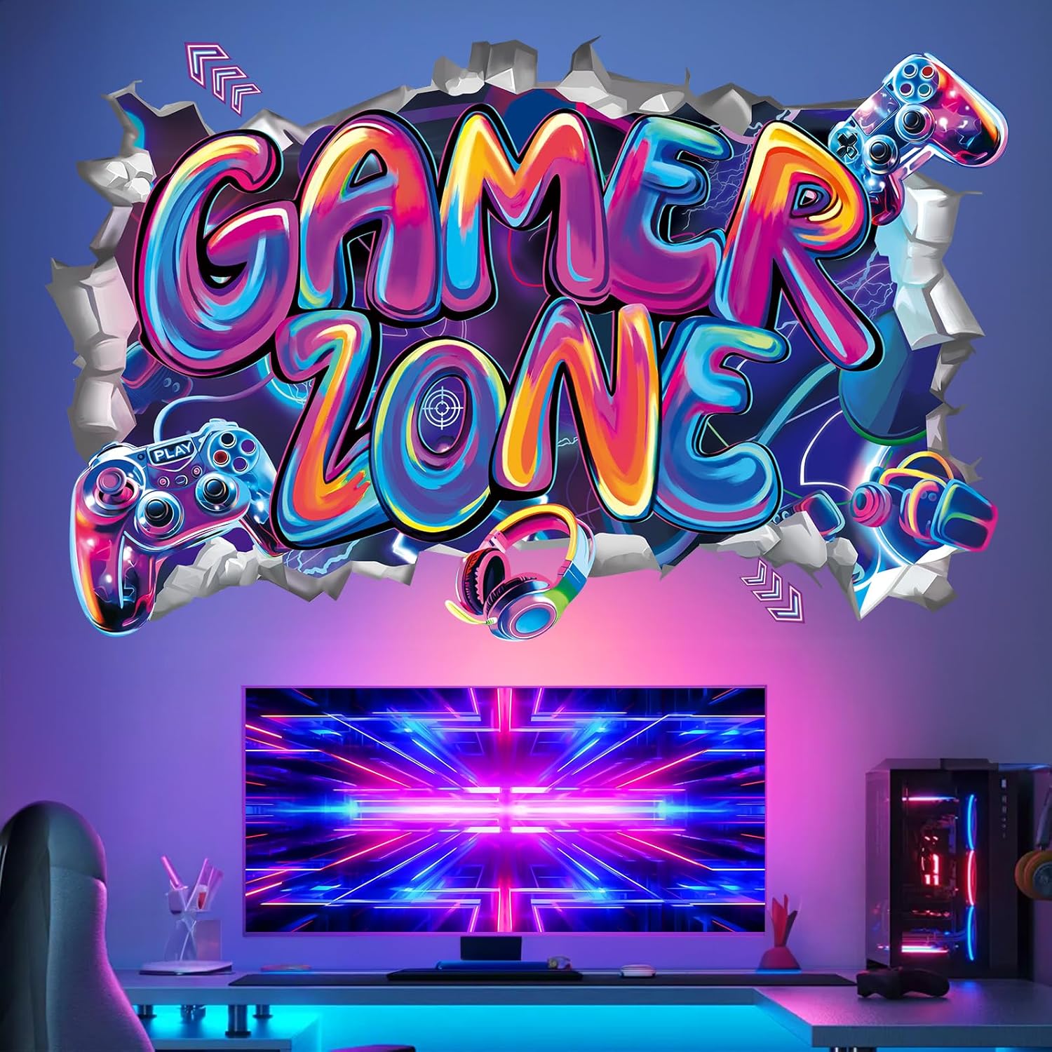 wondever Large 3D Game Wall Stickers Gamer Zone Video Gaming Graffiti Peel and Stick Wall Art Decals for Boys Bedroom Kids Room Playroom
