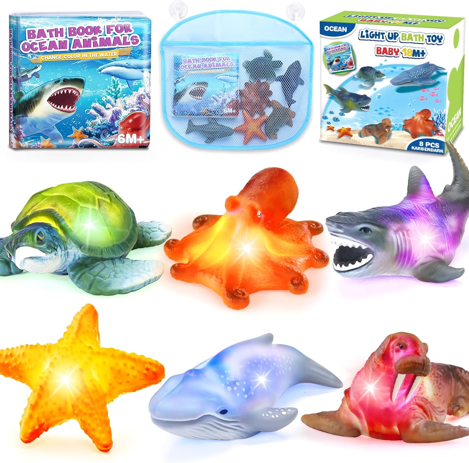 6 Pack Light Up Bath Toys & Magic Bath Book & Storage Bag for Toddler, No Hole Floating Ocean Animal with LED Flashing Colors, Glow Sensory Bathtub Toy for Kid, Water Table Toy, Gift for Boy Girl