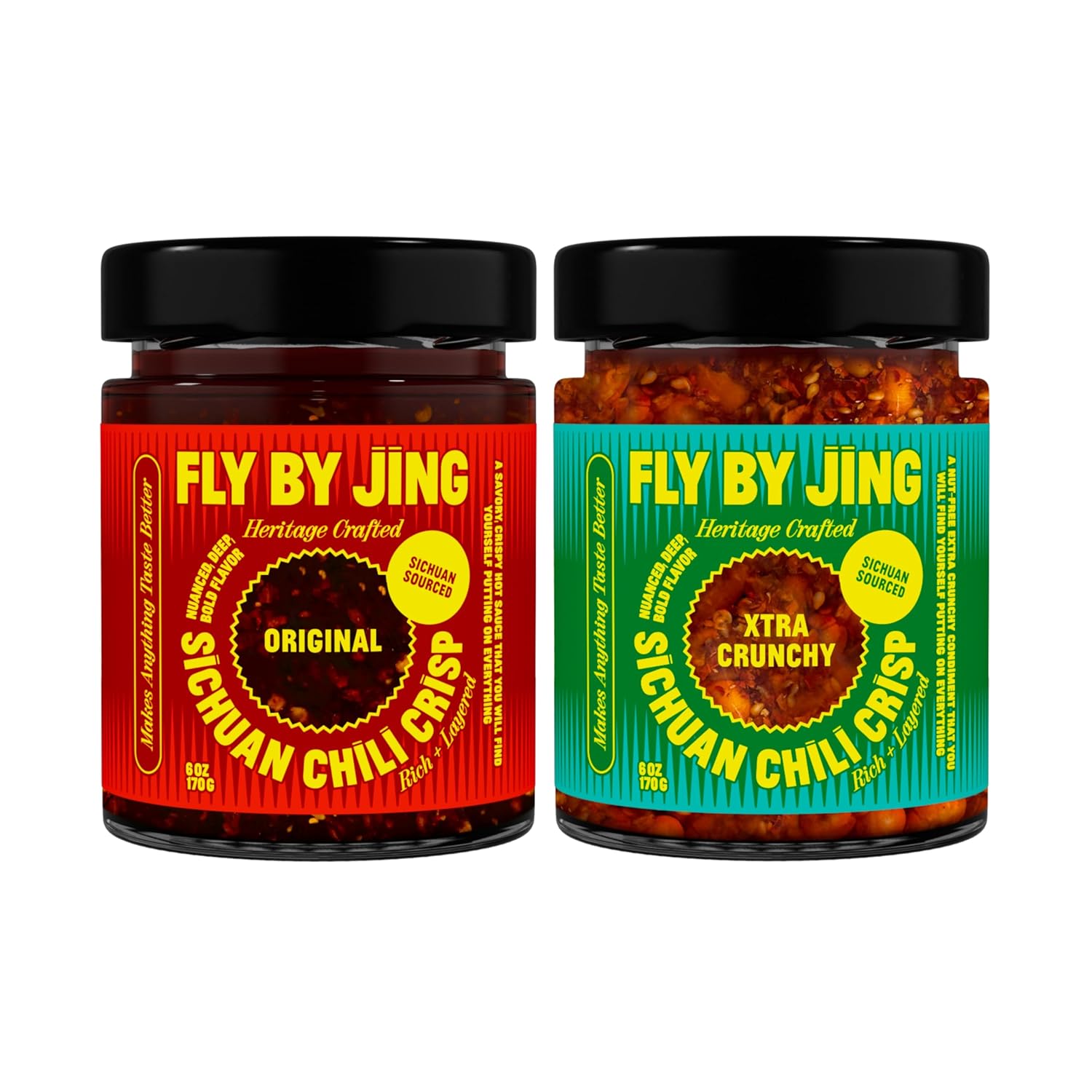 FLYBYJING Original + Xtra Crunchy Sichuan Chili Crisp Duo: Premium Chili Sauces Good on Noodles, Proteins, Veggies & Everything - Spicy, Savory, Vegan, Sugar Free Hot Sauces, 6oz (Pack of 2)