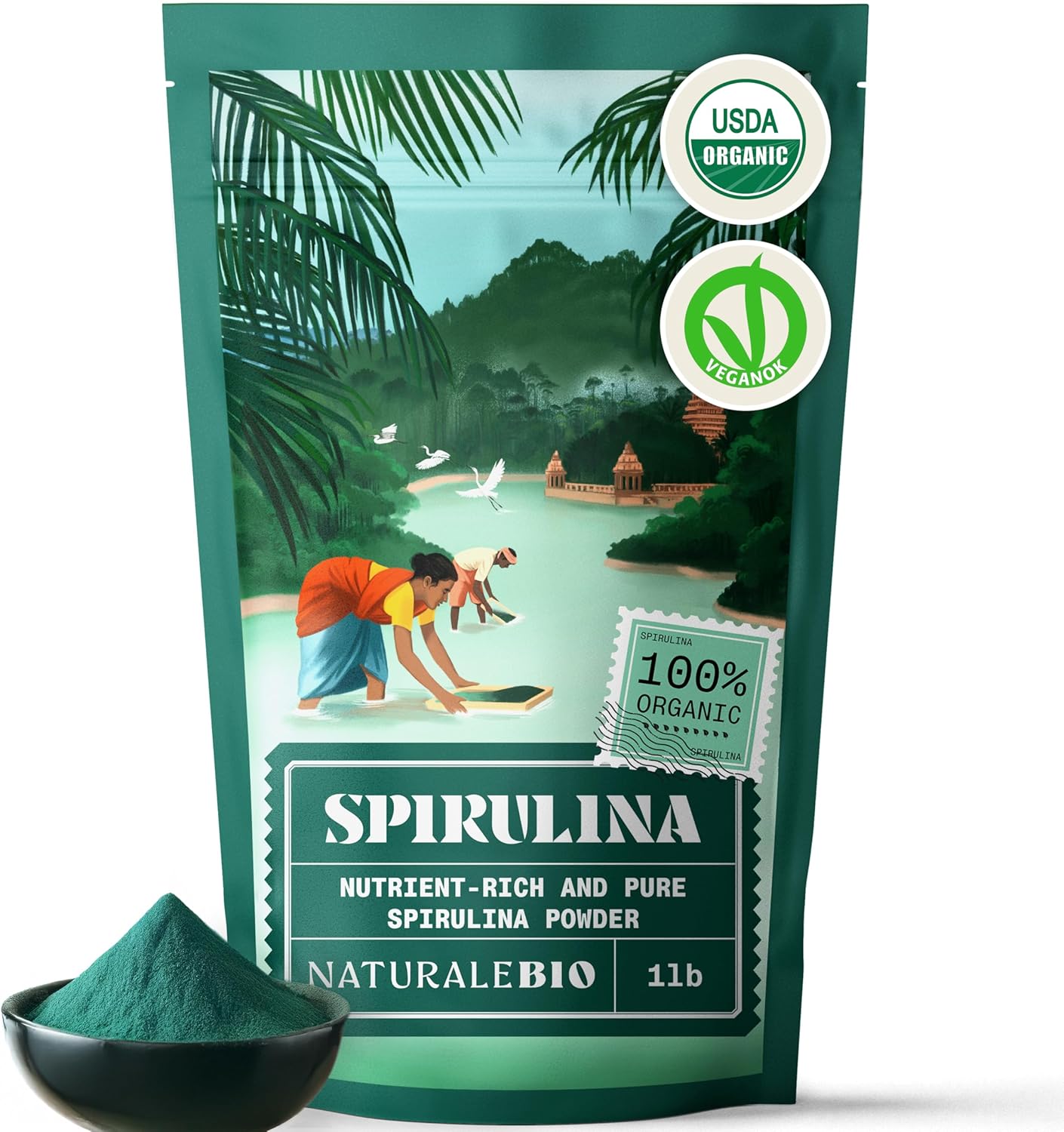 NaturaleBio Spirulina Powder Organic 1 lb. Natural and Raw Spirulina Algae Powder. Vegan and Pure. Cultivated in India in Tamil Nadu. Ideal for Drinks, Smoothies and Recipes.