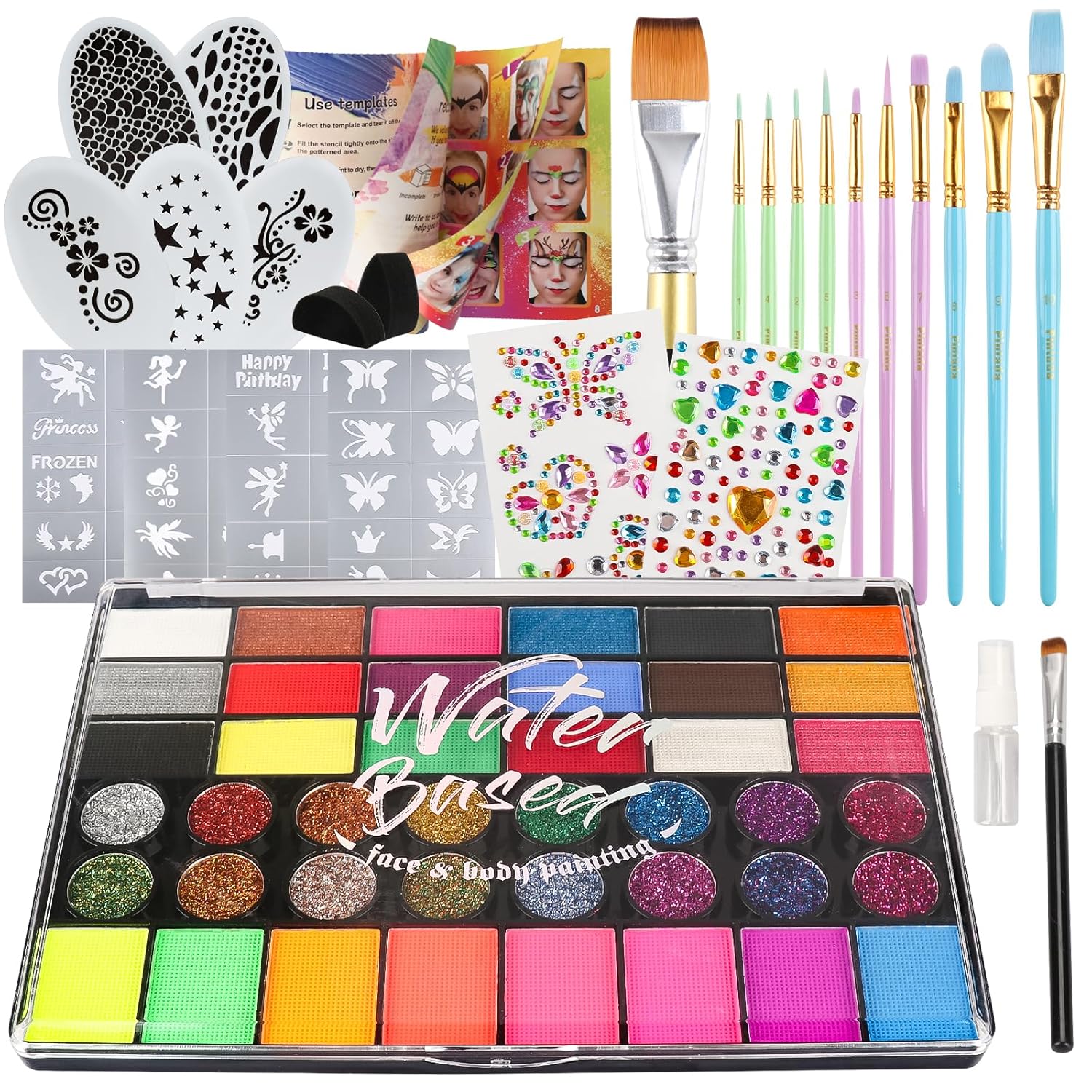 Pintada 42 Color Face Painting Kit for Kids - Non Toxic Water Activated Face Paint Palette With Stencils, Brush, Gems. For Carnival, Halloween, Costume Makeup and Any Creative Activity with Kids