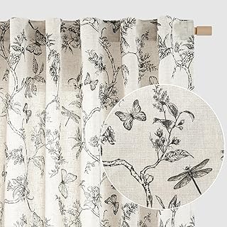 Lazzzy Linen Farmhouse Curtains Black Floral Curtains 63 Inch Length Back Tab Drapes for Living Room Bedroom Light Filtering Country Vintage Rod Pocket Curtain, 2 Panels, Black on Beige