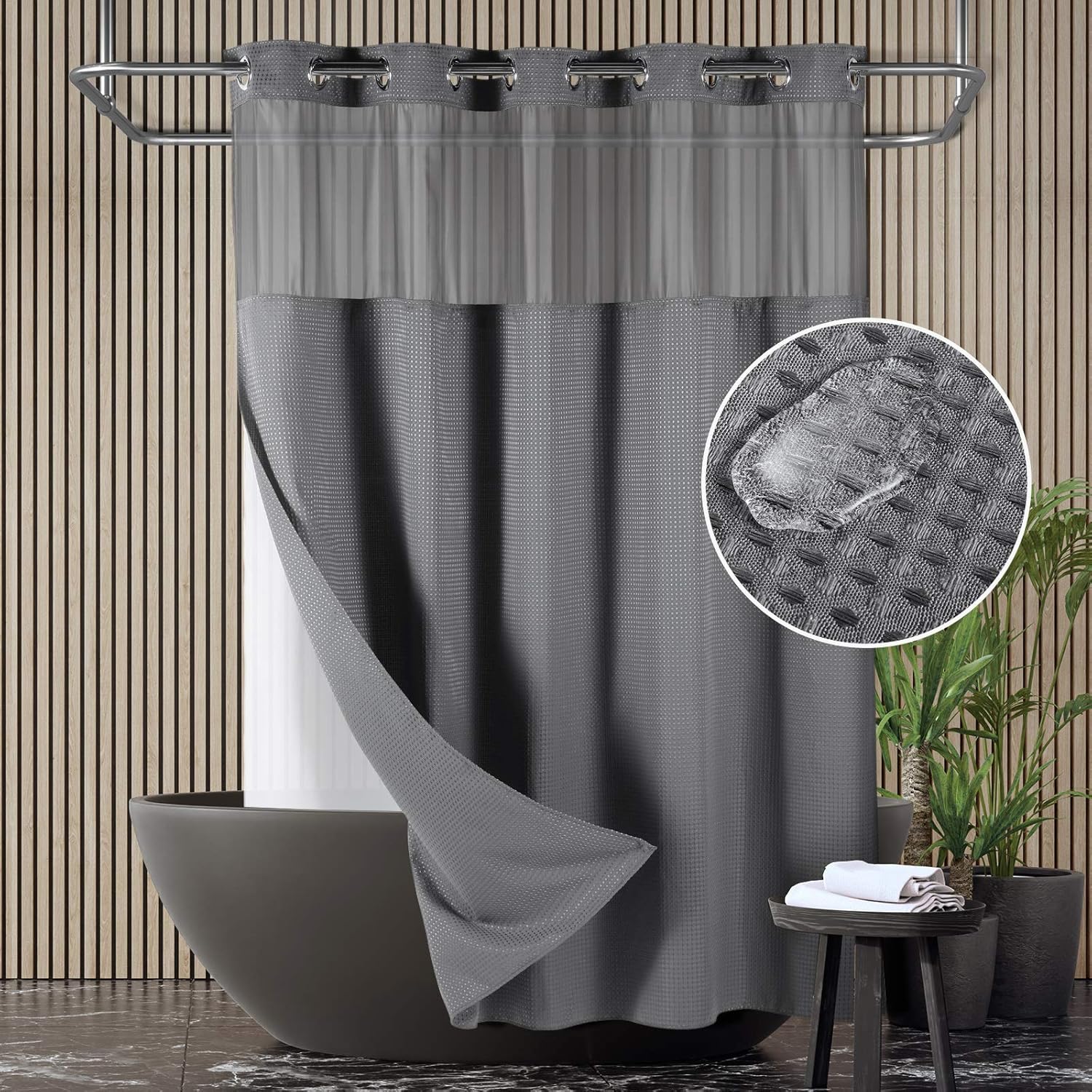 Lagute SnapHook Waffle Weave Fabric Hook Free Shower Curtain with Snap-in Liner, Heavy Duty Bath Curtain with See Through Top, Hotel Grade, Machine Washable, 71Wx78L, Light Gray