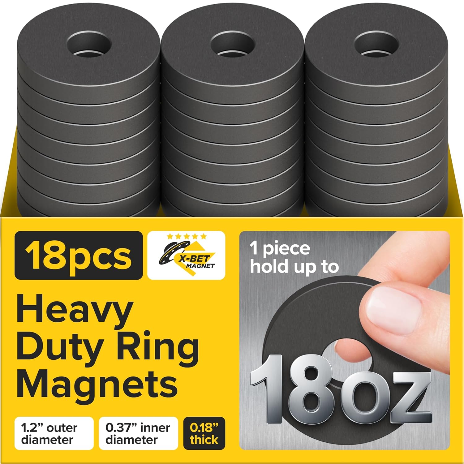 Heavy Duty Ring Magnets - Ultra Strong 1.2" Magnets with Holes for DIY & Crafts - Space Organization Set for Home, Kitchen, Workshop (18 pcs)