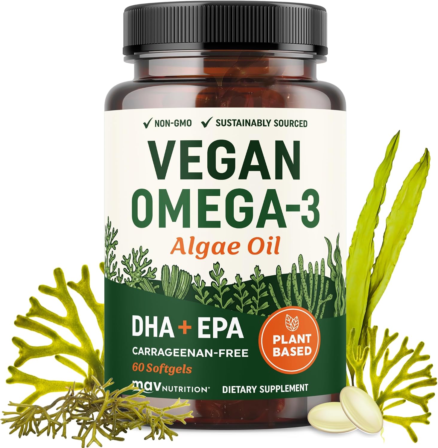 Vegan Omega 3 Algae Oil, Plant Based DHA EPA, Sustainably Sourced, Non-GMO