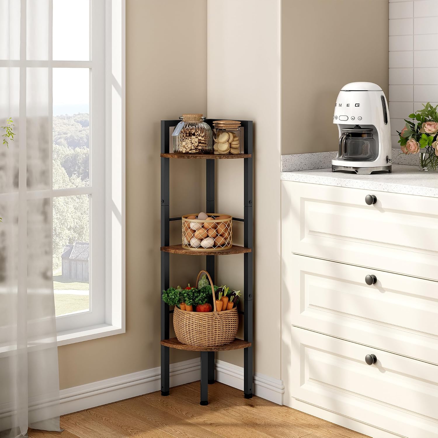Tajsoon Small Corner Shelf Stand 3 Tier 39.6" Industrial Corner Ladder Shelves, Corner Display Shelf, Tall Corner Bookshelf Shelving Unit for Bedroom, Living Room, Office, Kitchen, Rustic Brown