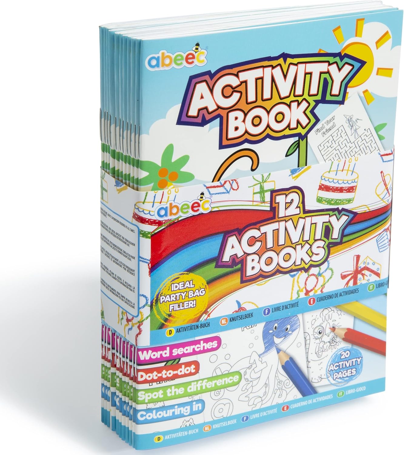 abeec Small Colouring Books for Party Bag - 12 x A6 Activity Books for Party Bag Fillers for Kids - Each of The Mini Notepads Contains Word Searches, Dot to Dot, Spot The Difference and Colouring