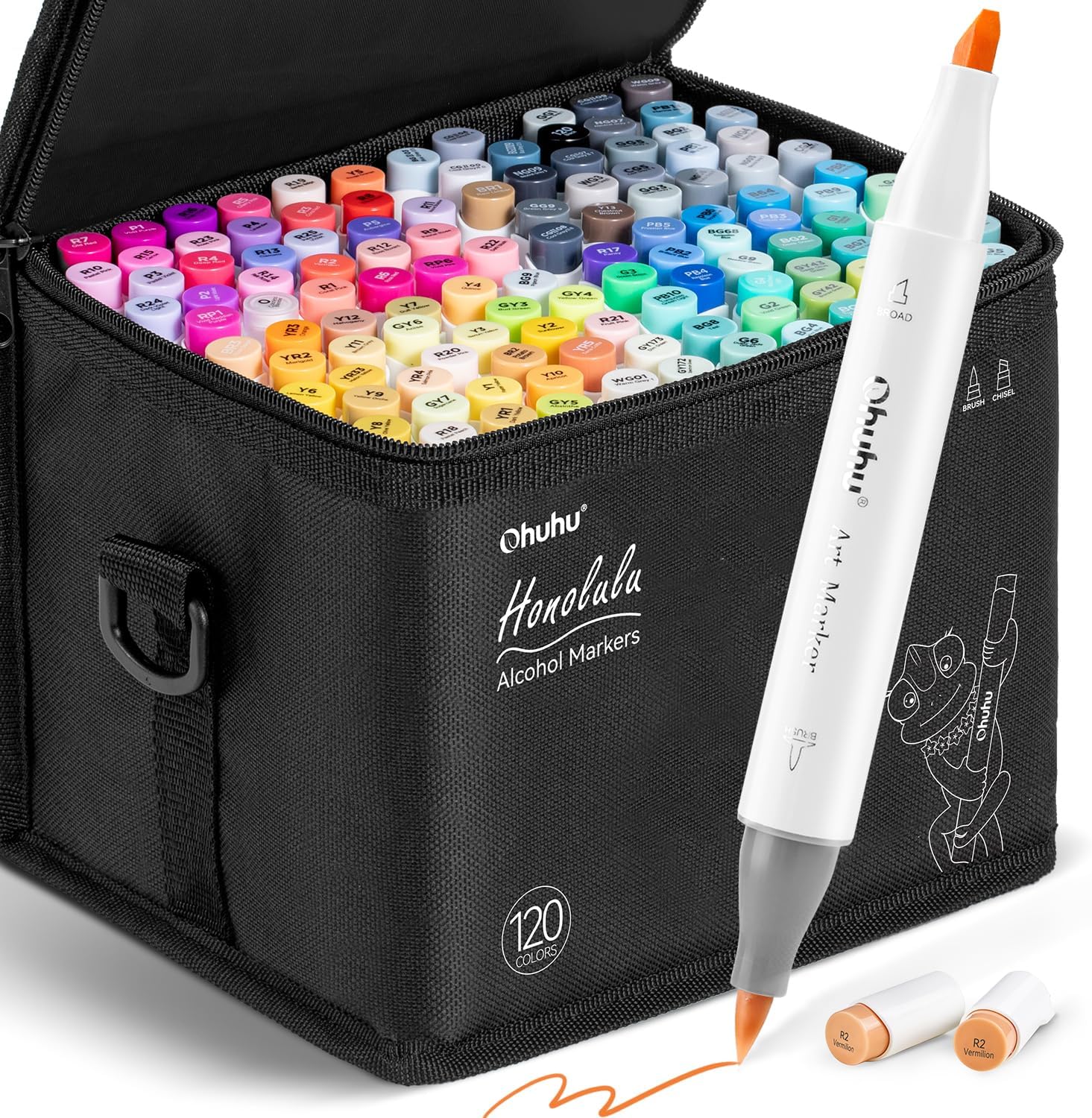 Ohuhu Alcohol Markers Brush Tip -Double Tipped Art Marker Set for Artist Adults Coloring Illustration - 120 Colors- Brush & Chisel Dual Tips- Honolulu of Ohuhu Markers