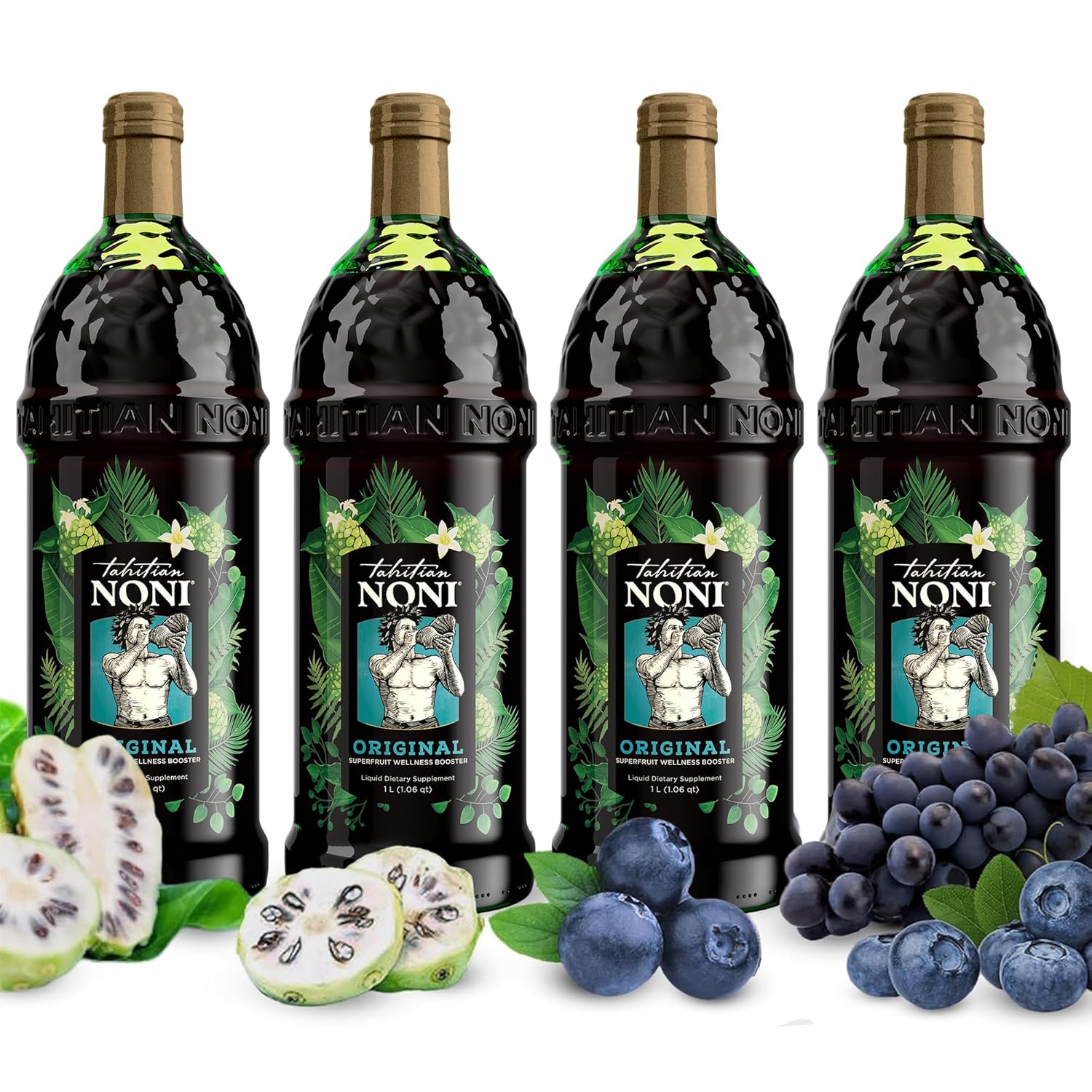 TAHITIAN NONI Juice by Morinda, Original and Authentic, Noni Fruit Puree from Tahiti with Natural Blueberry & Grape (Resveratrol), All-Natural Daily Wellness Drink - 4 One Liter Juice Bottles Per Case