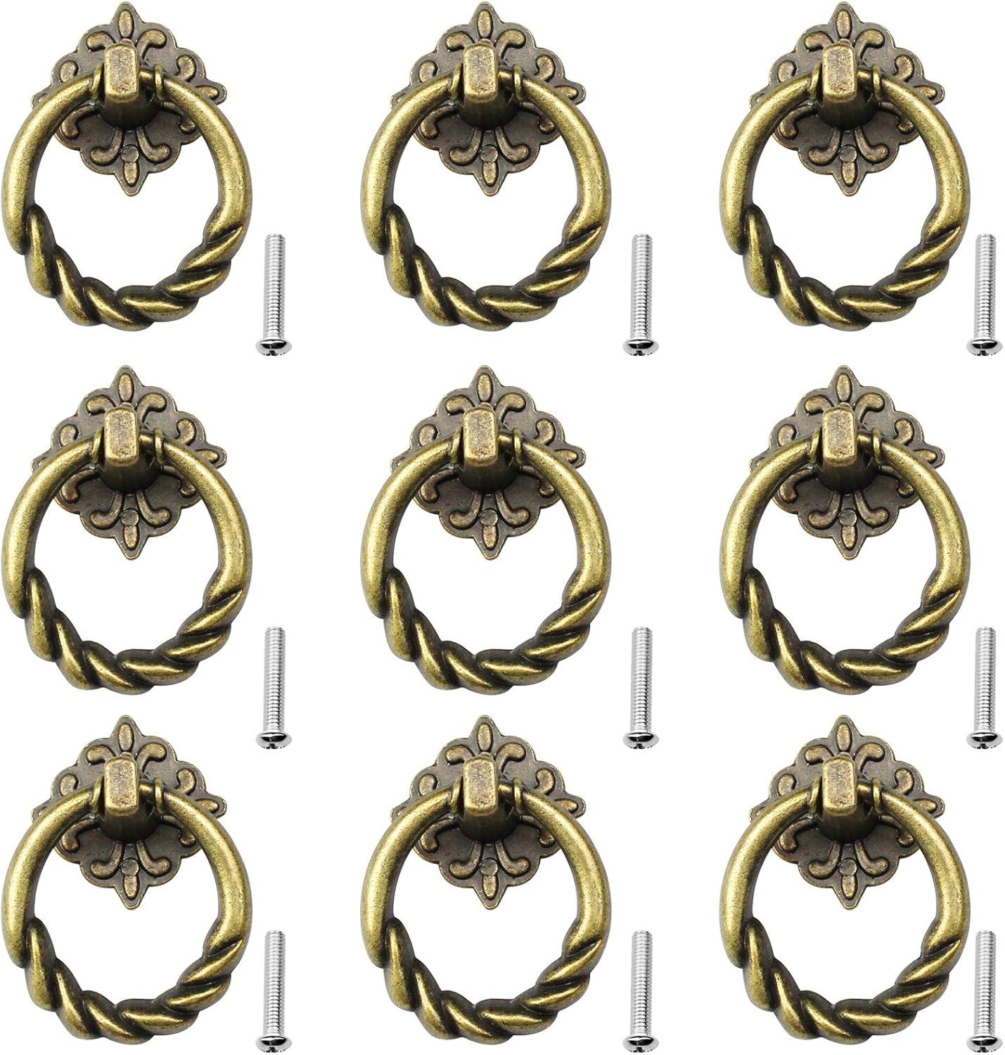 Dylan-EU 9 Pcs Vintage Cabinet Ring Pull Handles with Screws Retro Drawer Pull Ring Zinc Alloy Antique Handle Knobs Bronze Pull Handles