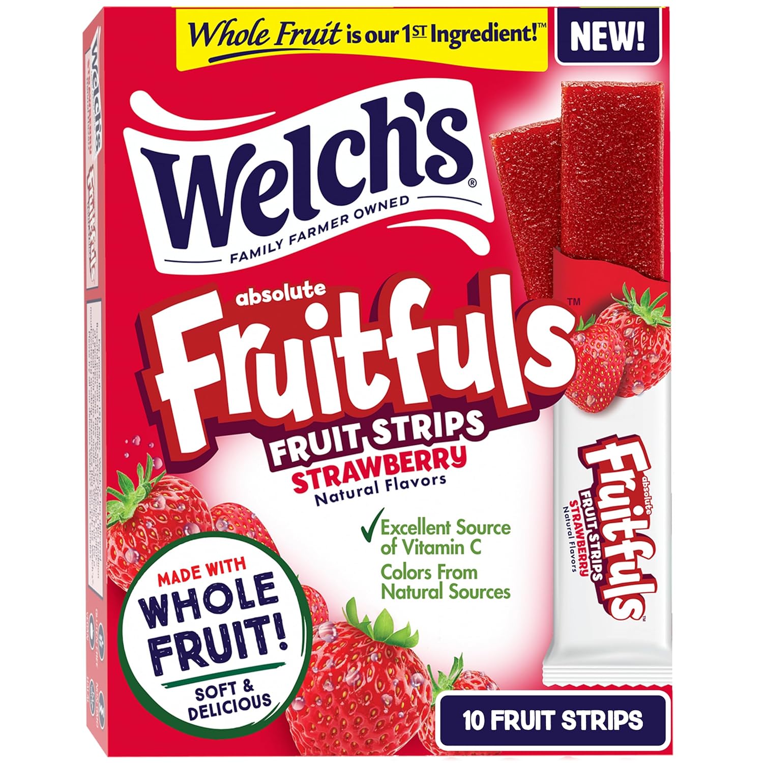 Welch’s Absolute Fruitfuls Fruit Strips, Tasty Dried Fruit Snacks for School Lunches, Strawberry, 0.5oz (Pack of 10)