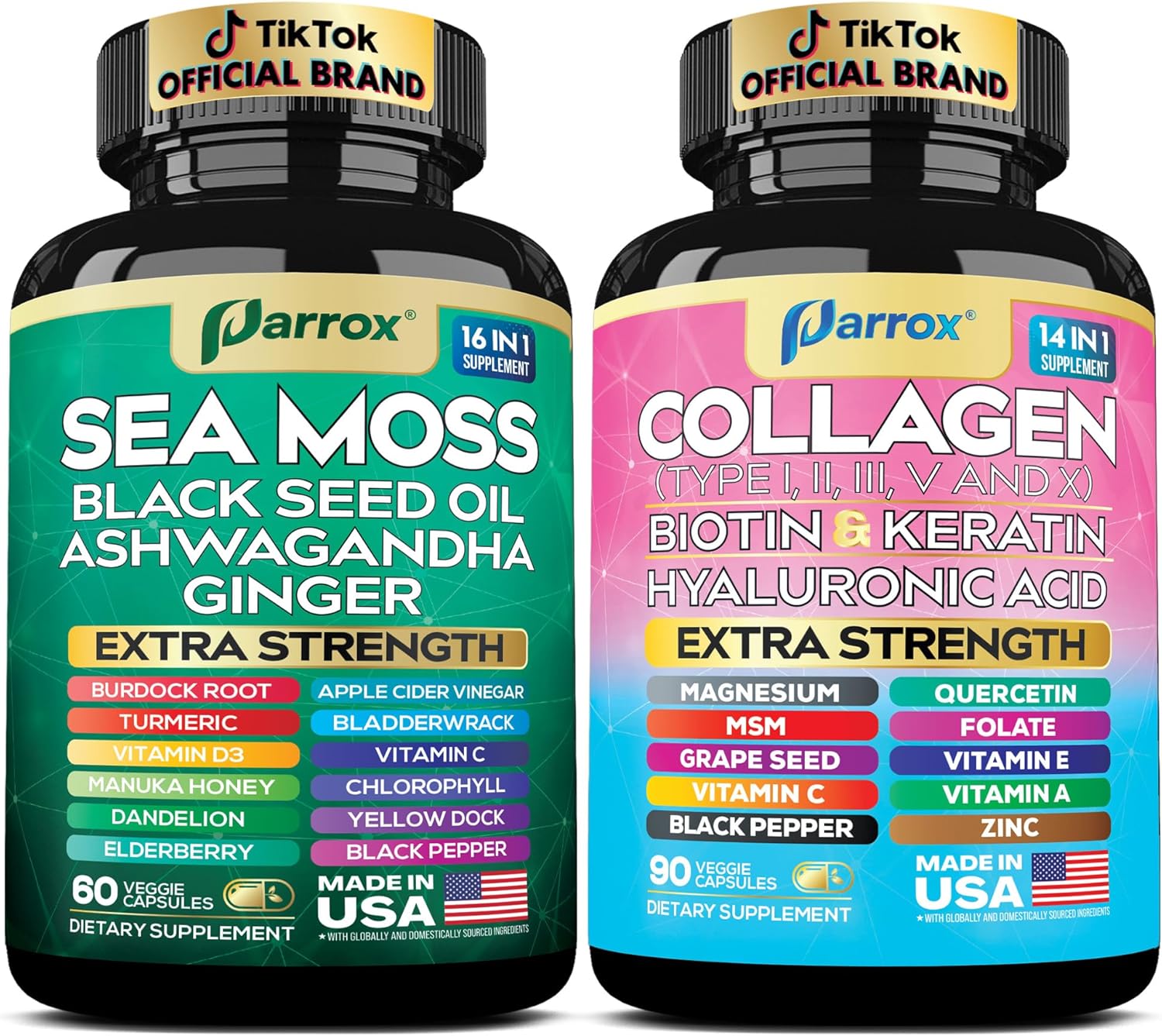 Radiant Wellness Bundle -Sea Moss, Black Seed Oil, Ashwagandha, Ginger, Collagen Types I II III V X, Biotin, Keratin, Hyaluronic Acid, Burdock Root, Turmeric, Vitamin D3, Magnesium, MSM, Folate